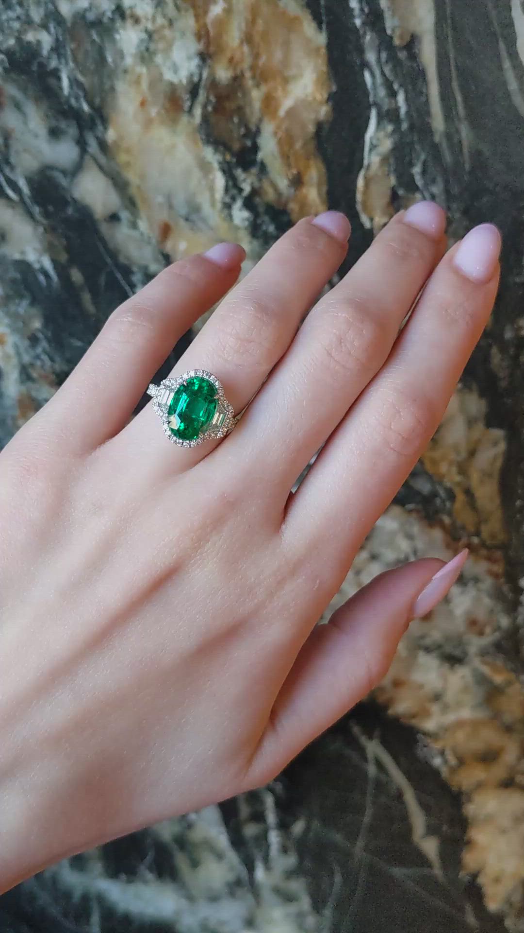 4.66 Ct. Emerald and Natural Diamond Pave Ring, 18K White Gold Size Video