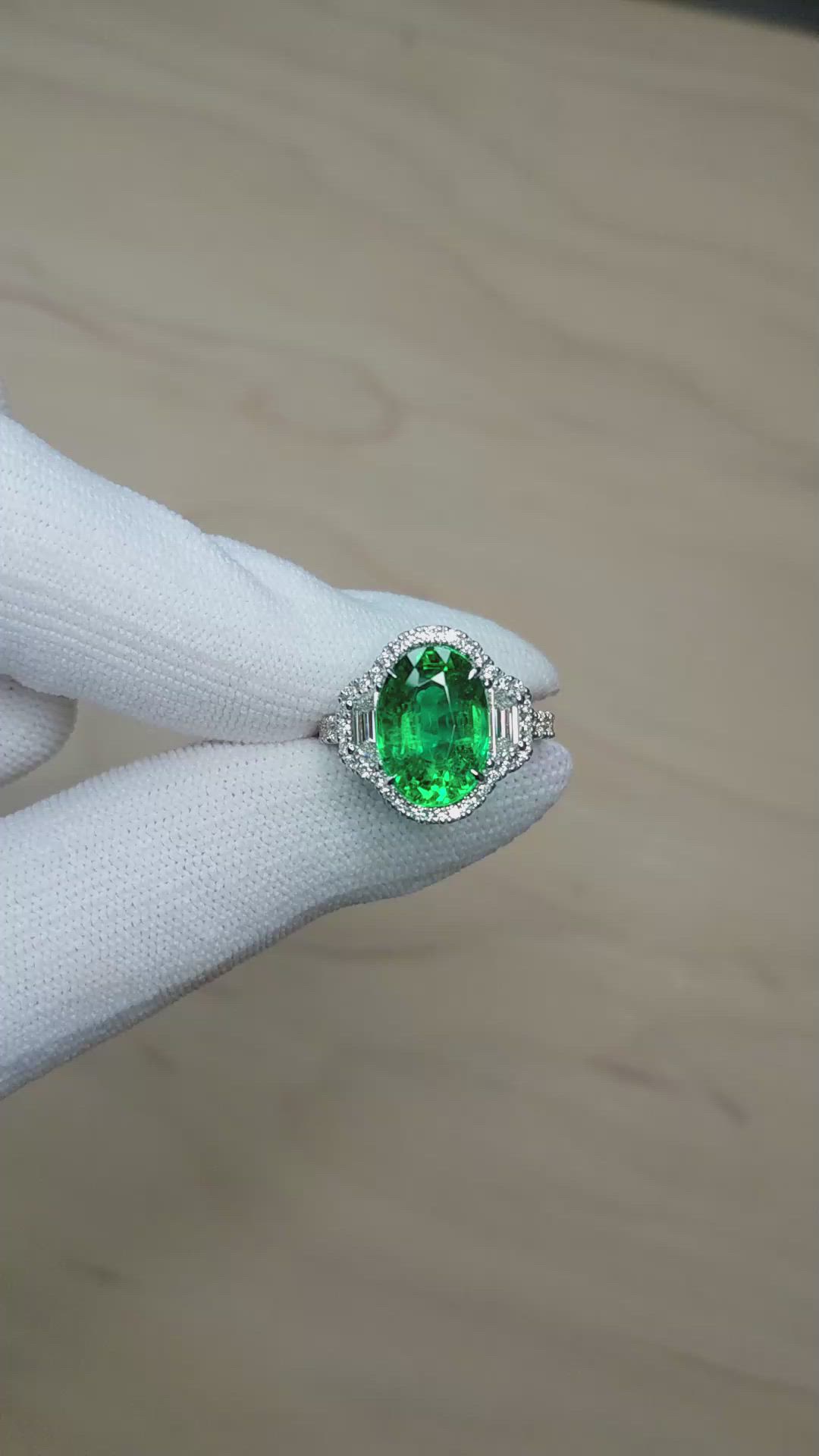 4.66 Ct. Emerald and Natural Diamond Pave Ring, 18K White Gold Size Video
