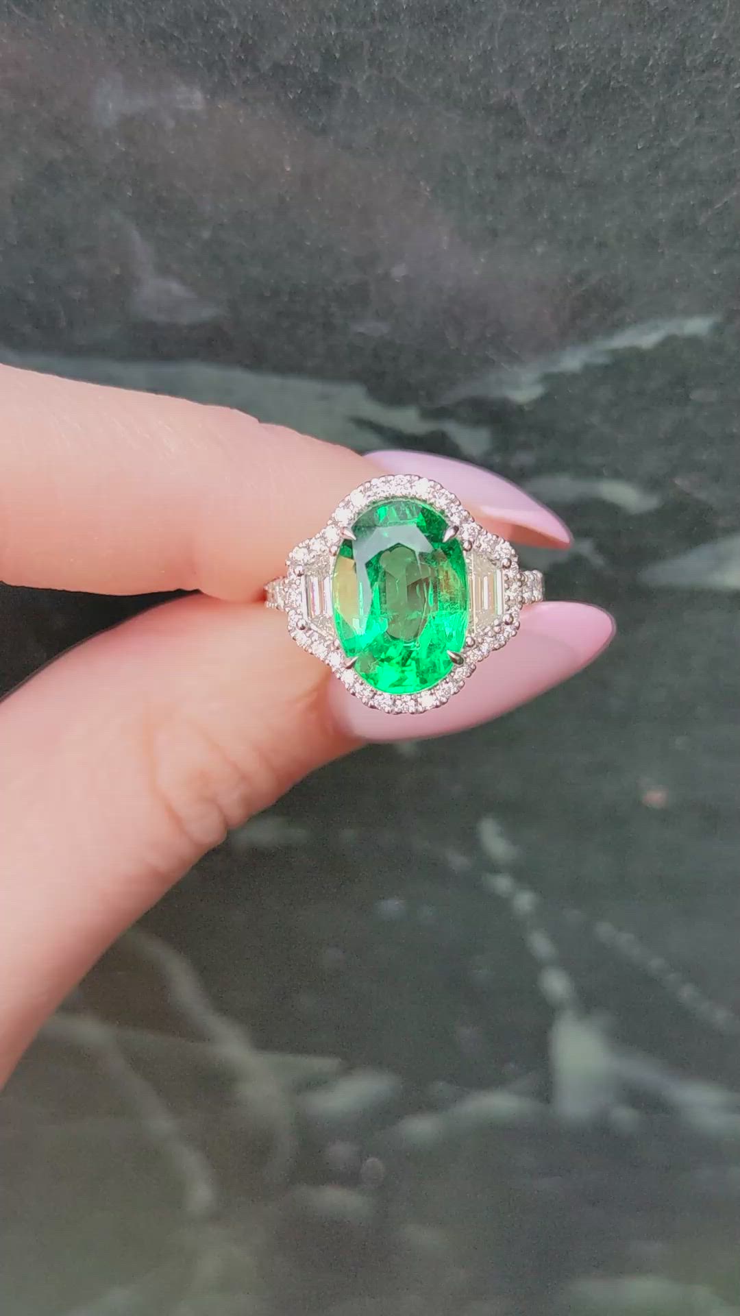 4.66 Ct. Emerald and Natural Diamond Pave Ring, 18K White Gold Size Video
