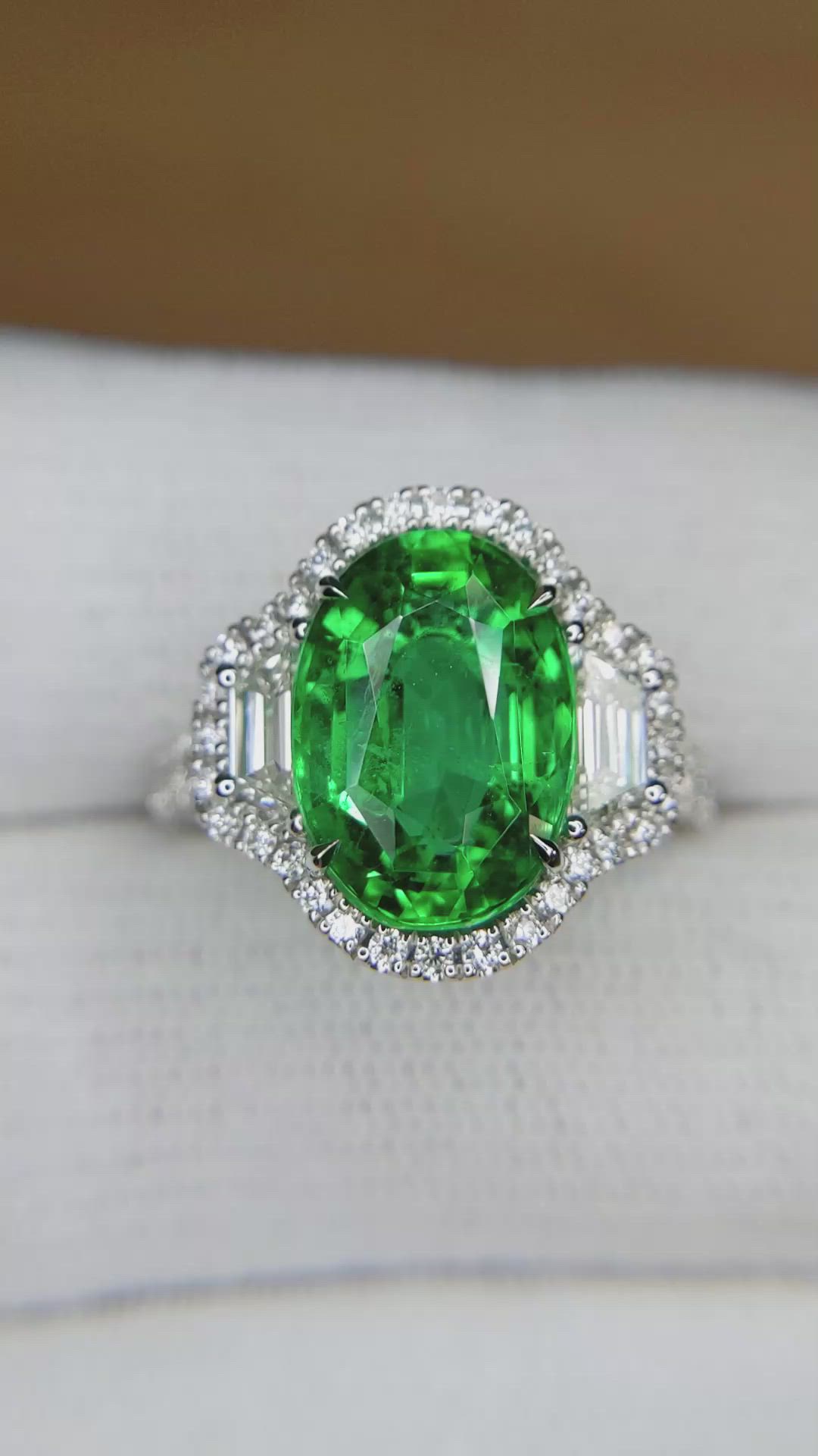 4.66 Ct. Emerald and Natural Diamond Pave Ring, 18K White Gold Size Video
