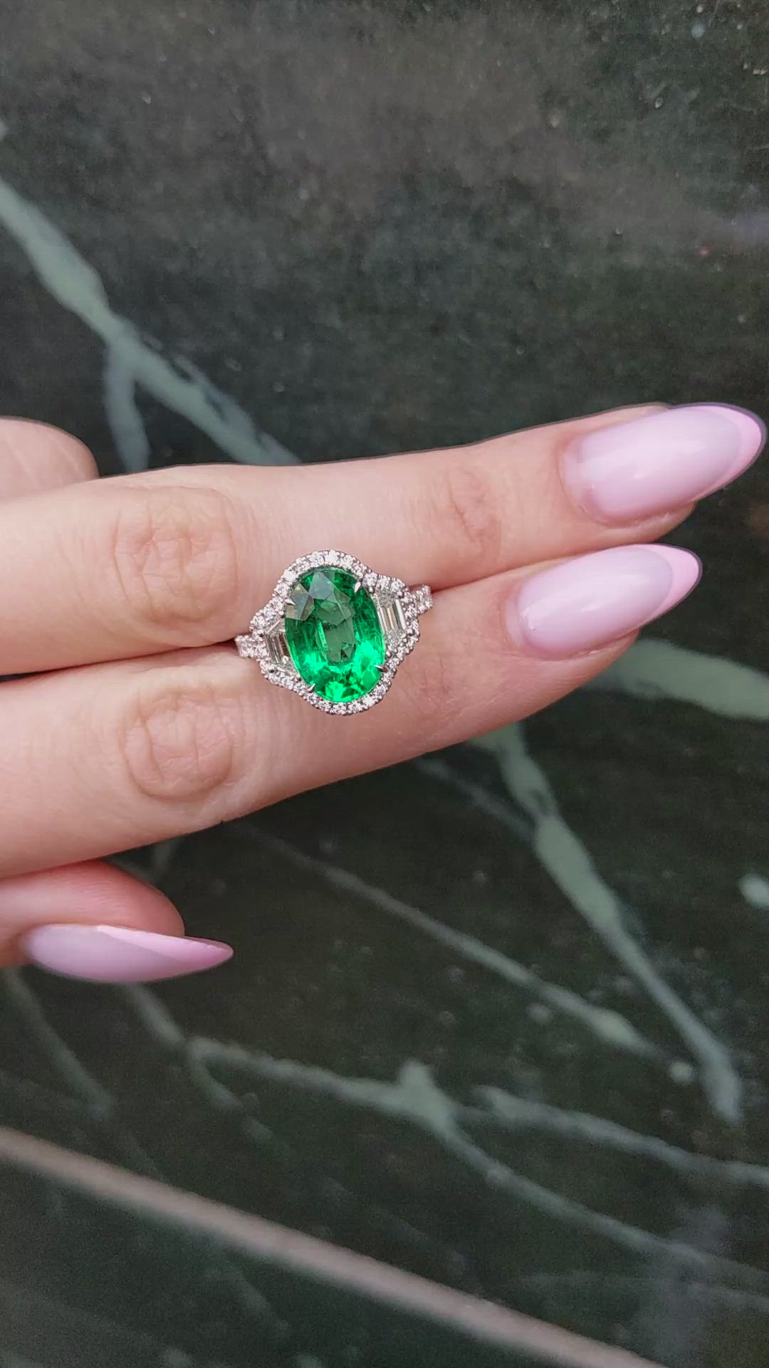 4.66 Ct. Emerald and Natural Diamond Pave Ring, 18K White Gold Size Video