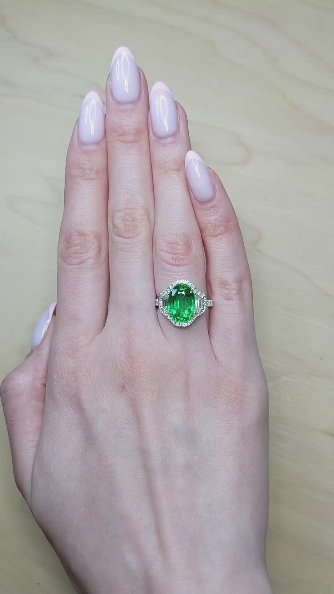 4.66 Ct. Emerald and Natural Diamond Pave Ring, 18K White Gold Size Video