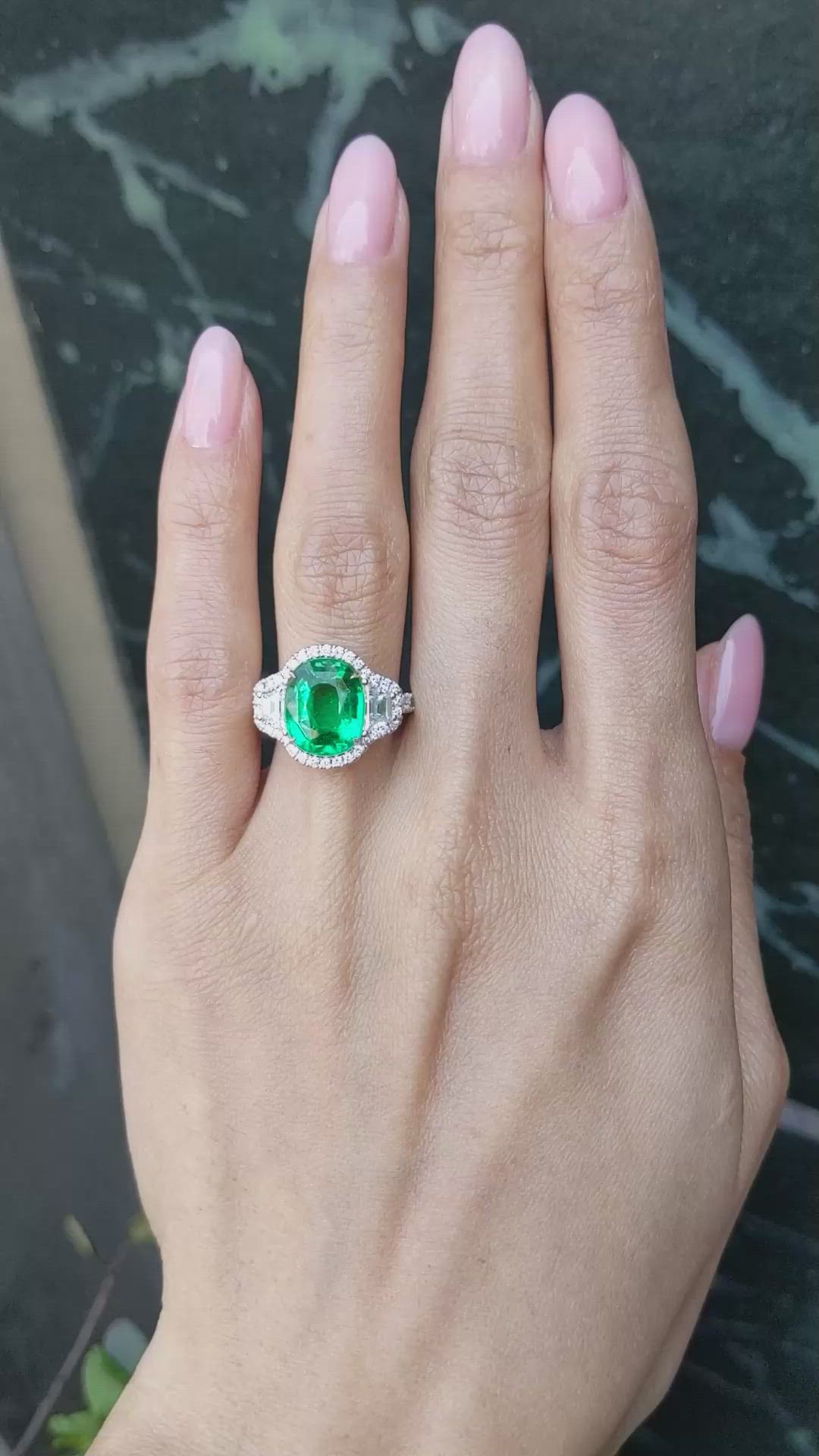4.26 Ct. Emerald and Natural Diamond Pave Ring, 18K White Gold Size Video