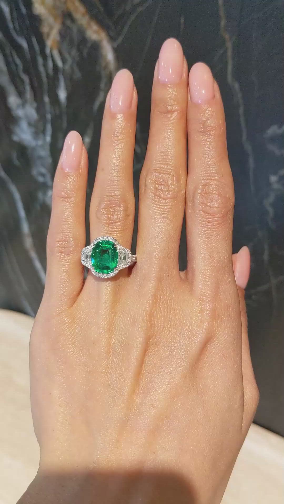 4.26 Ct. Emerald and Natural Diamond Pave Ring, 18K White Gold Size Video