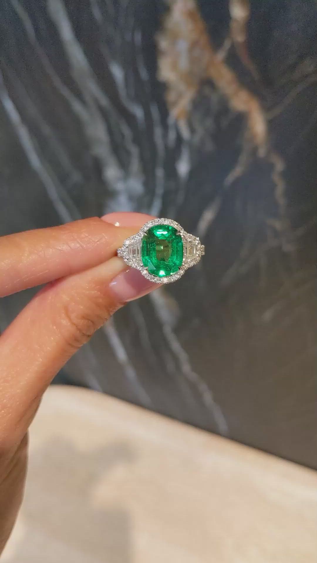 4.26 Ct. Emerald and Natural Diamond Pave Ring, 18K White Gold Size Video