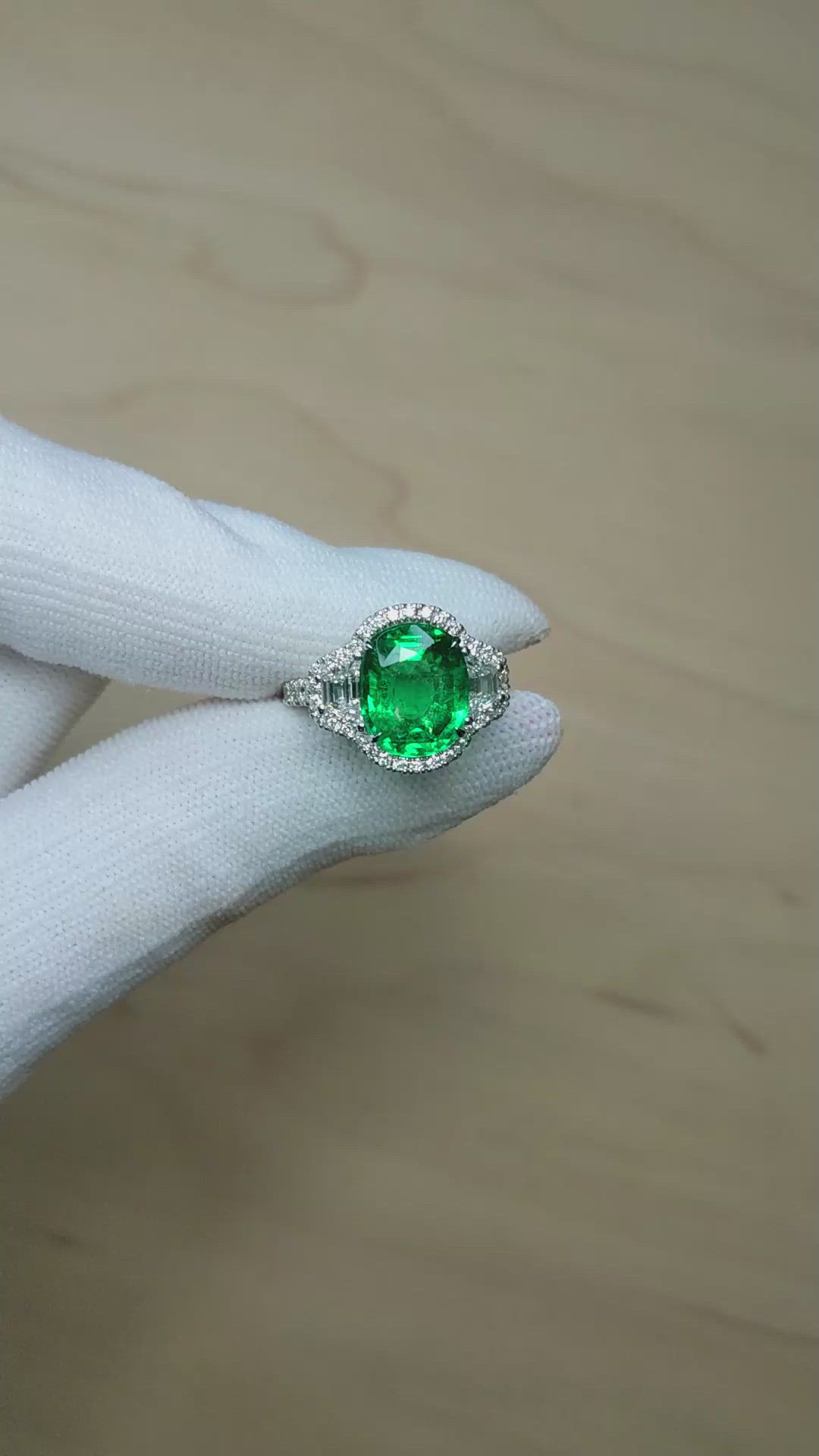 4.26 Ct. Emerald and Natural Diamond Pave Ring, 18K White Gold Size Video