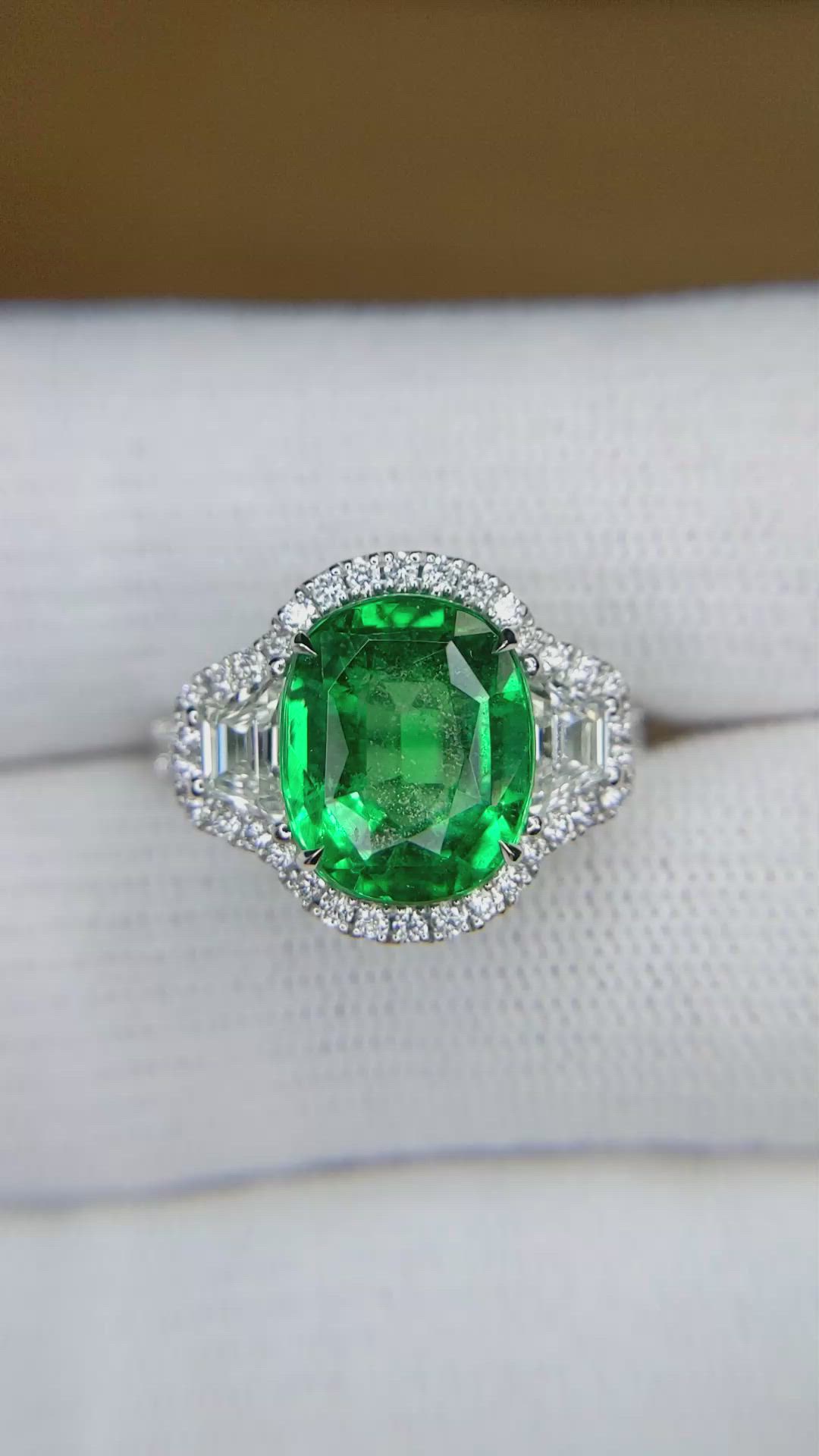 4.26 Ct. Emerald and Natural Diamond Pave Ring, 18K White Gold Size Video