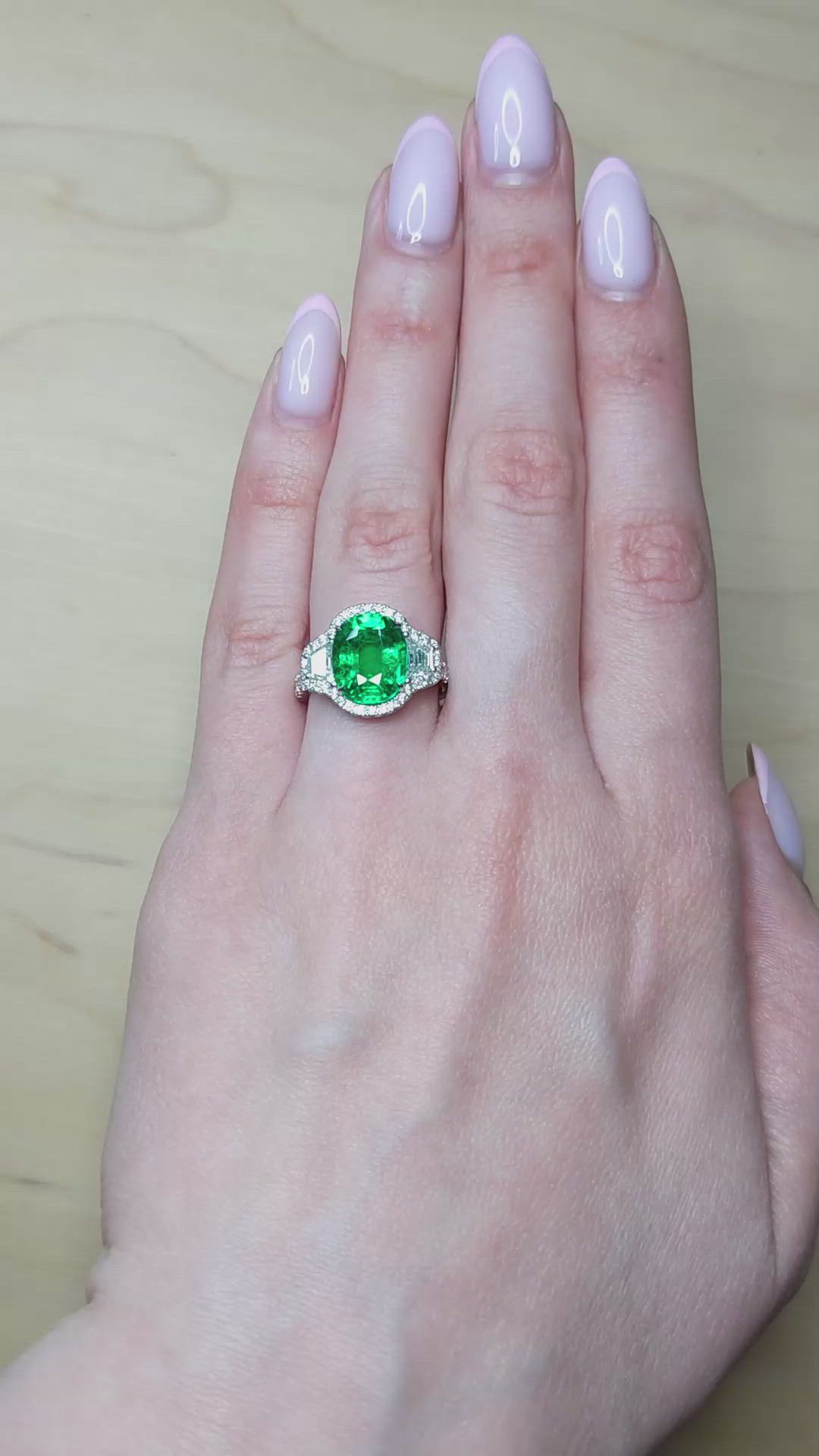 4.26 Ct. Emerald and Natural Diamond Pave Ring, 18K White Gold Size Video