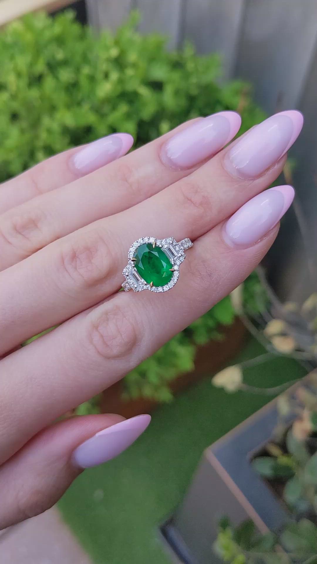 2.22 Ct. Emerald and Natural Diamond Pave Ring, 18K White & Yellow Size Video