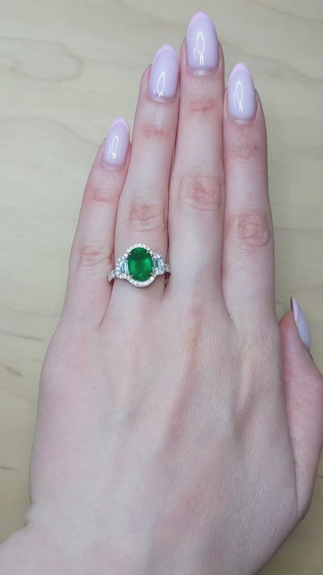 2.22 Ct. Emerald and Natural Diamond Pave Ring, 18K White & Yellow Size Video
