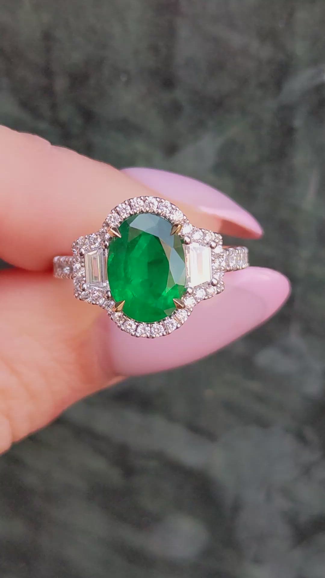 2.22 Ct. Emerald and Natural Diamond Pave Ring, 18K White & Yellow Size Video