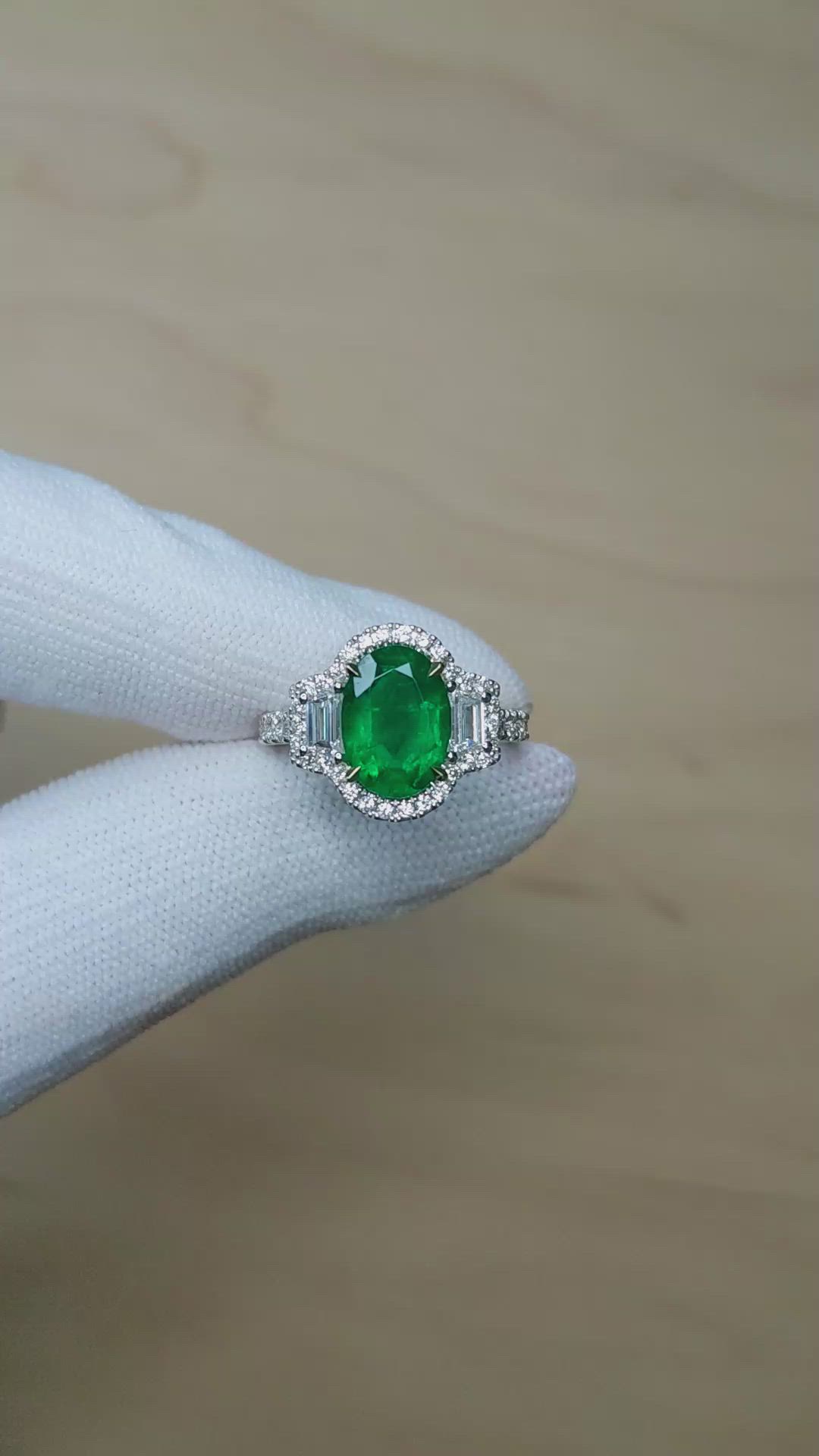 2.22 Ct. Emerald and Natural Diamond Pave Ring, 18K White & Yellow Size Video
