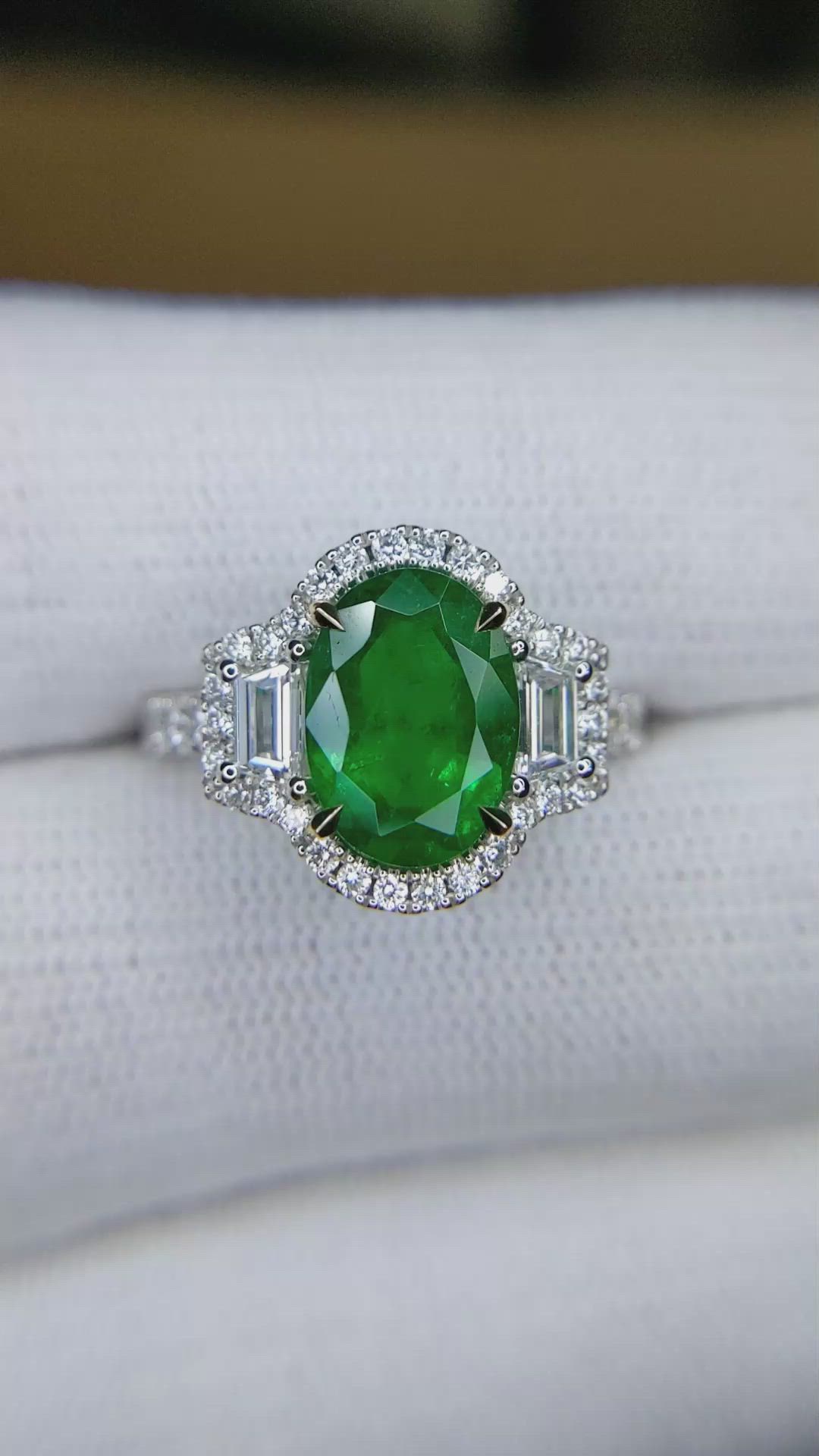2.22 Ct. Emerald and Natural Diamond Pave Ring, 18K White & Yellow Size Video