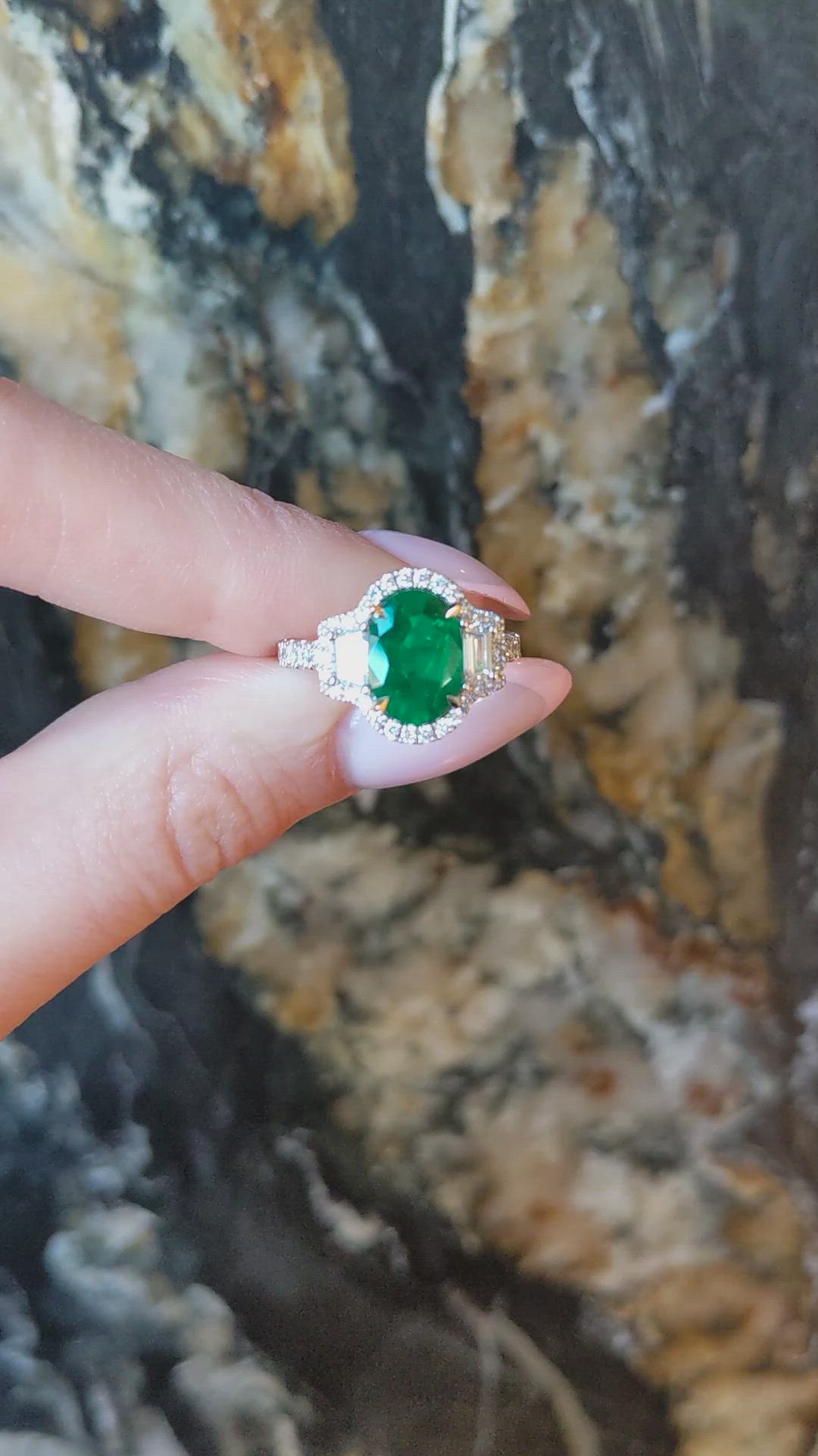 2.22 Ct. Emerald and Natural Diamond Pave Ring, 18K White & Yellow Size Video