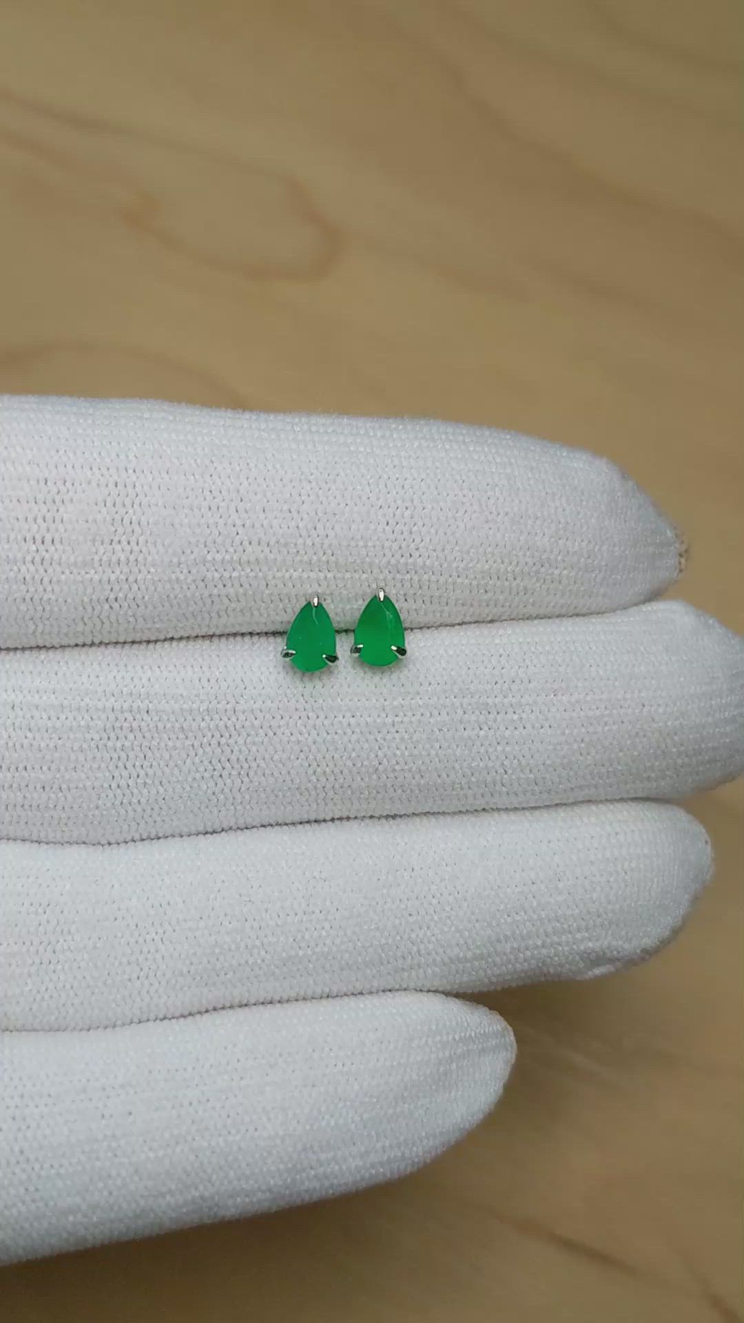 0.79 Ct.Tw.Total Carat Weight Emerald Studs Earrings, 14K White Gold Size Video