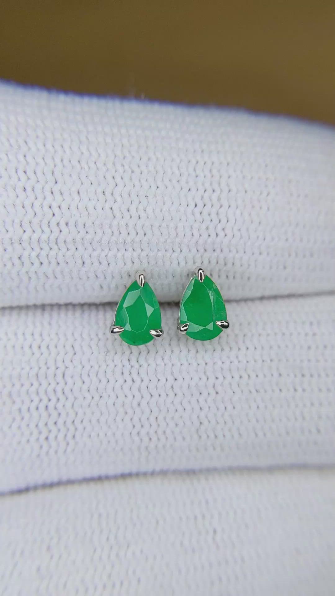 0.79 Ct.Tw.Total Carat Weight Emerald Studs Earrings, 14K White Gold Size Video