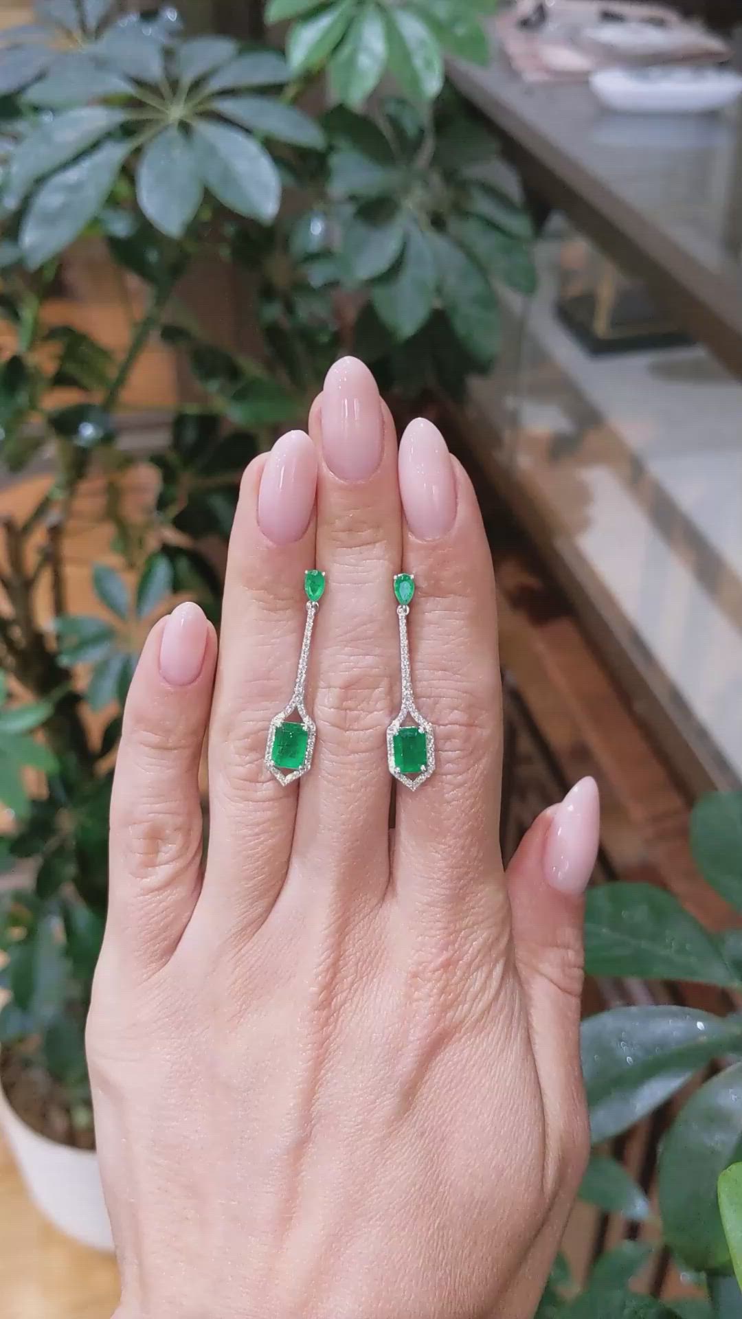 1.38 Ct.Tw.Total Carat Weight Emerald and Natural Diamond Pave Earrings, 14K White Gold Size Video