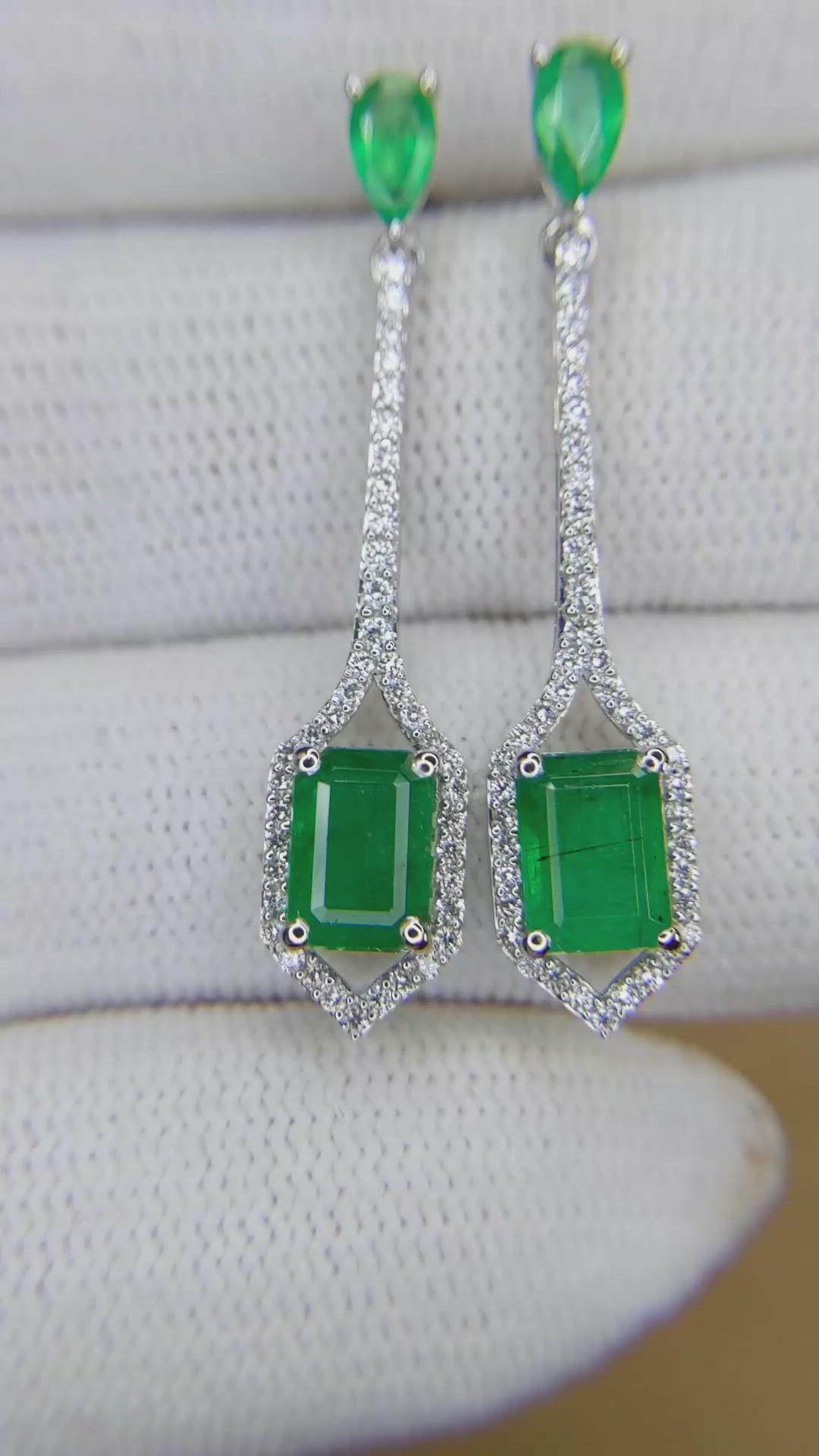 1.38 Ct.Tw.Total Carat Weight Emerald and Natural Diamond Pave Earrings, 14K White Gold Size Video