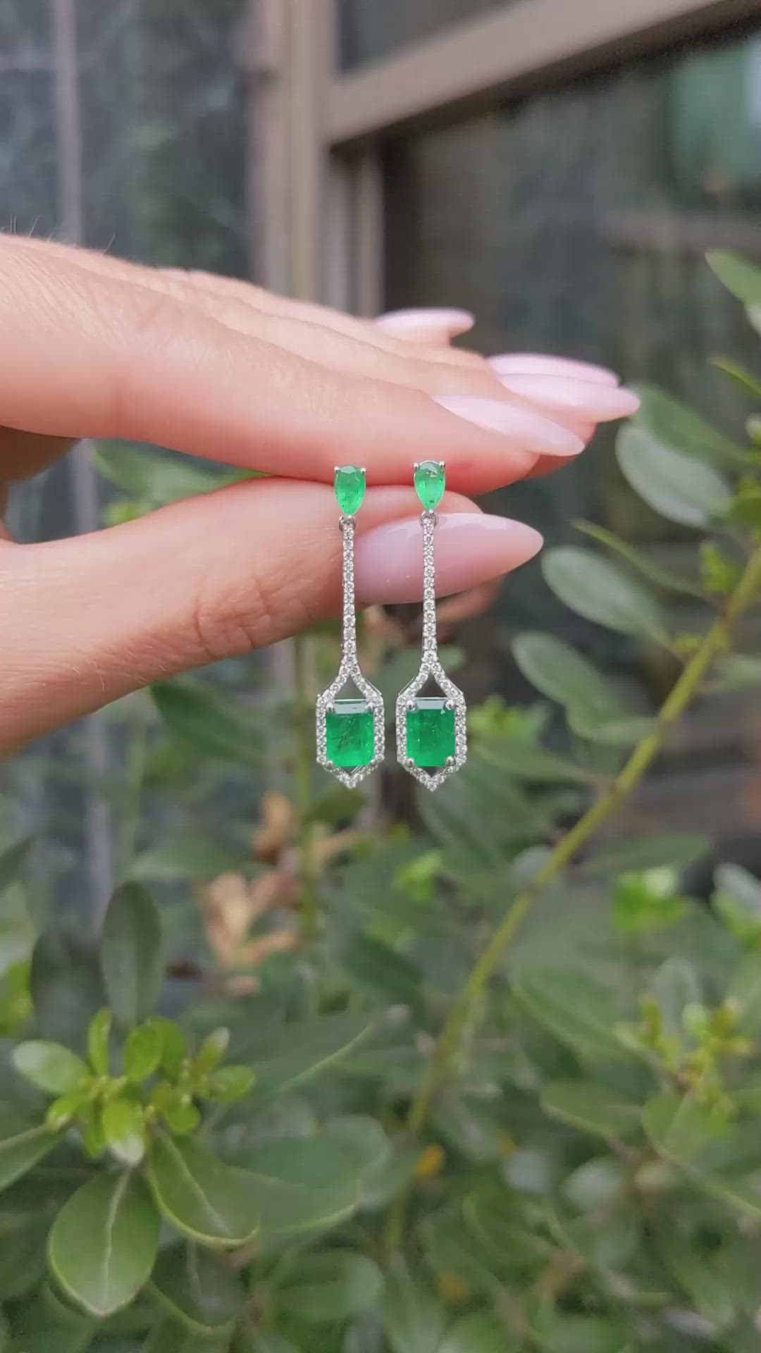 1.38 Ct.Tw.Total Carat Weight Emerald and Natural Diamond Pave Earrings, 14K White Gold Size Video