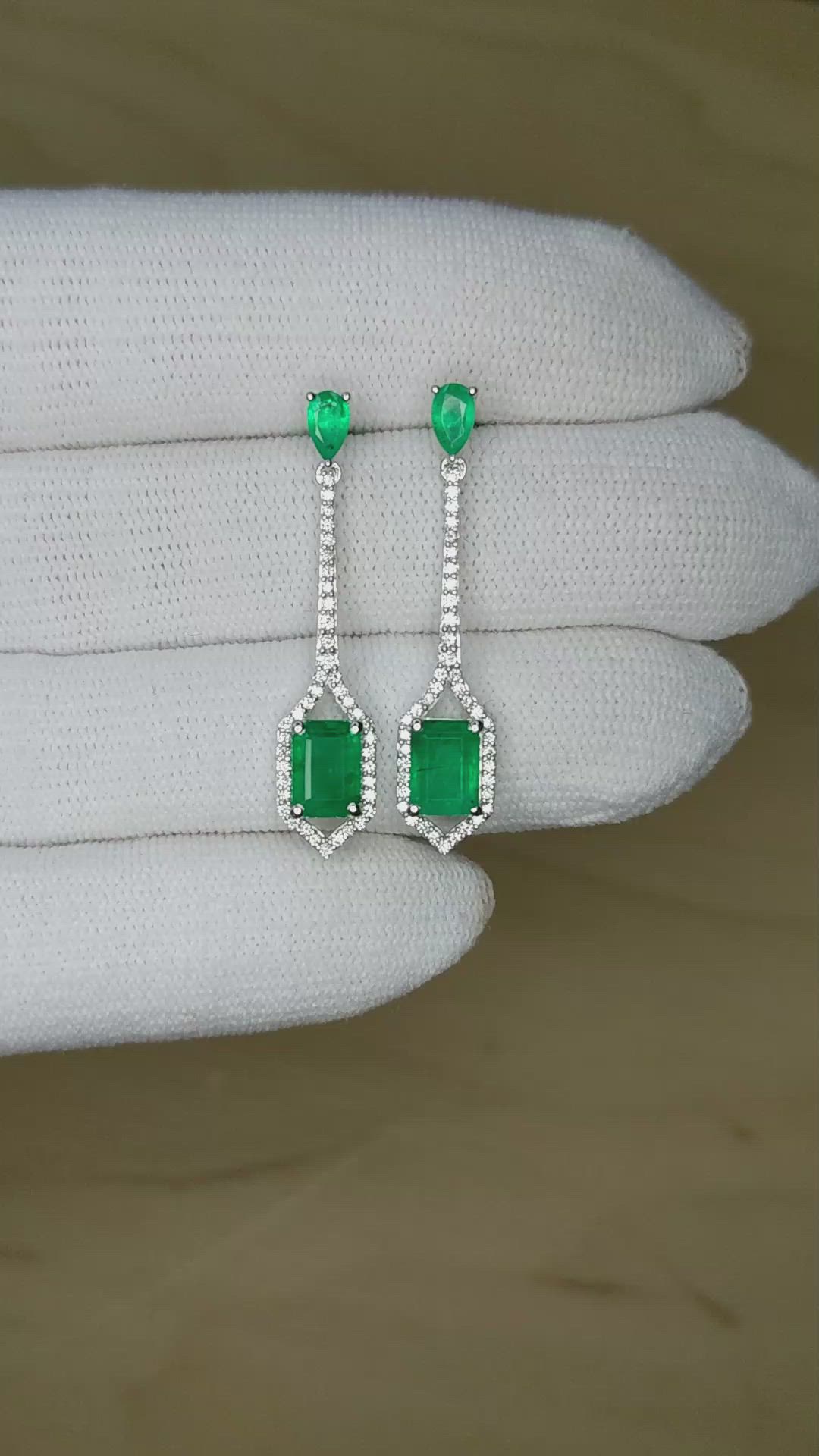 1.38 Ct.Tw.Total Carat Weight Emerald and Natural Diamond Pave Earrings, 14K White Gold Size Video