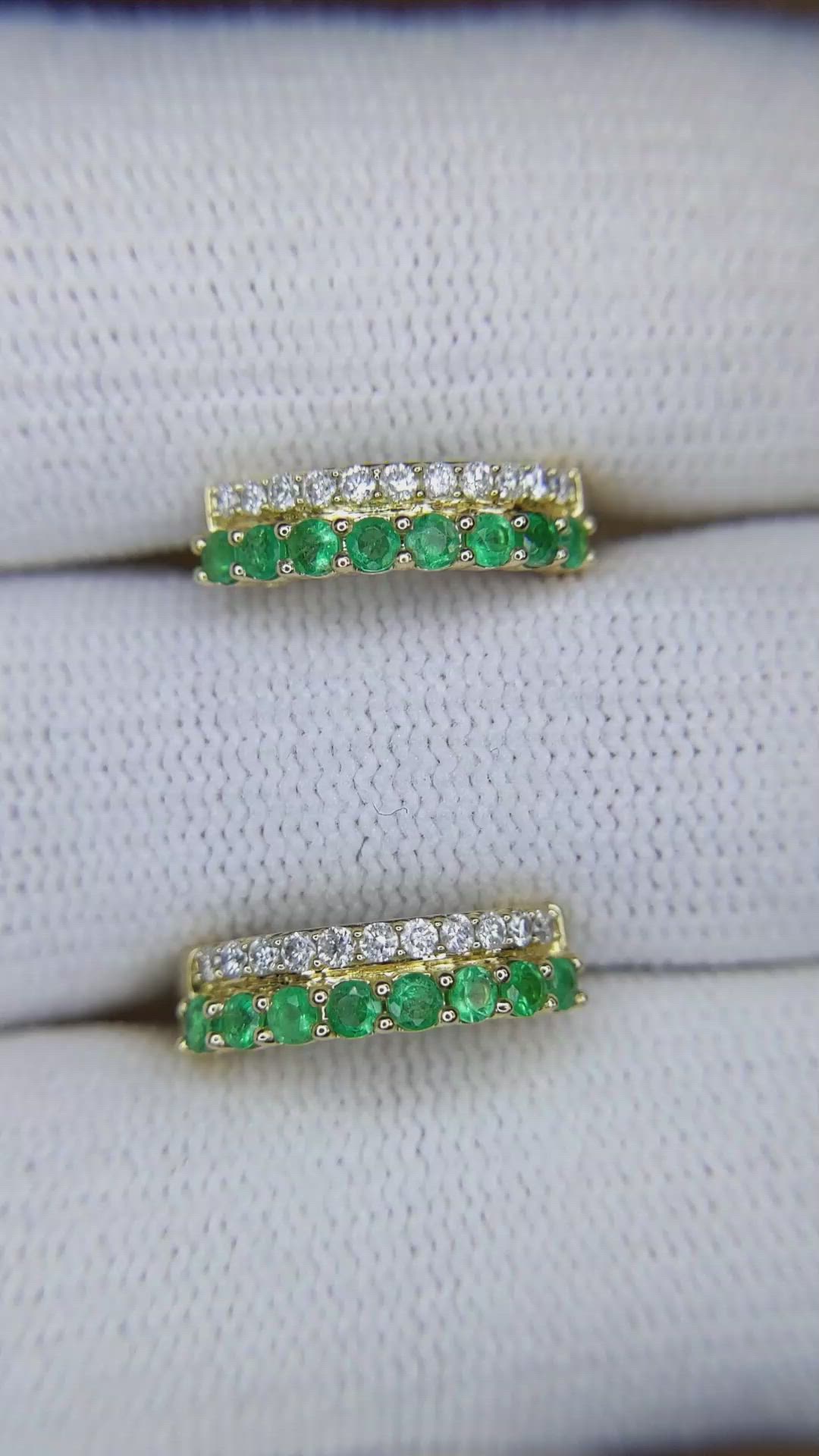 0.42&nbsp;Ct.Tw.Total Carat Weight Emerald and Natural Diamond Pave Earrings, 14K Yellow Gold Size Video