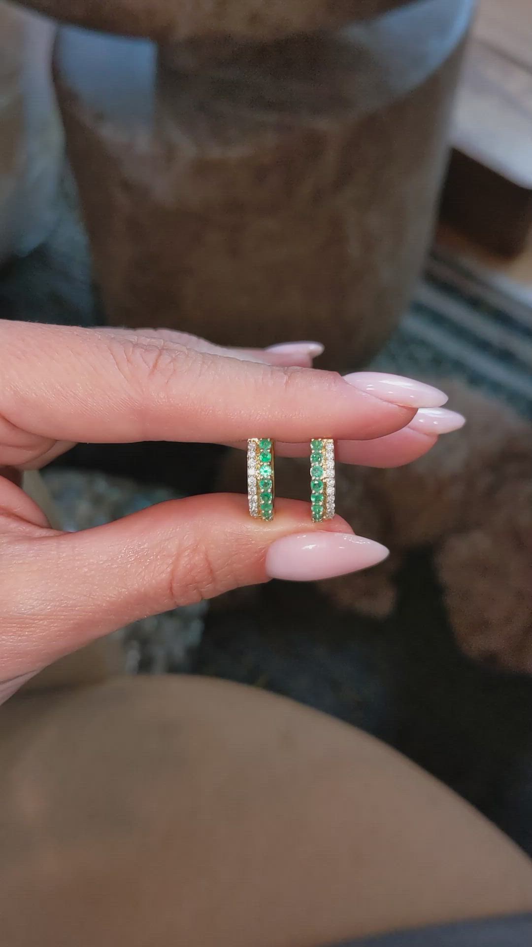 0.42&nbsp;Ct.Tw.Total Carat Weight Emerald and Natural Diamond Pave Earrings, 14K Yellow Gold Size Video
