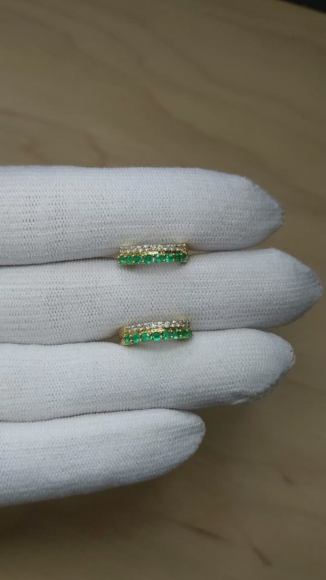 0.42&nbsp;Ct.Tw.Total Carat Weight Emerald and Natural Diamond Pave Earrings, 14K Yellow Gold Size Video
