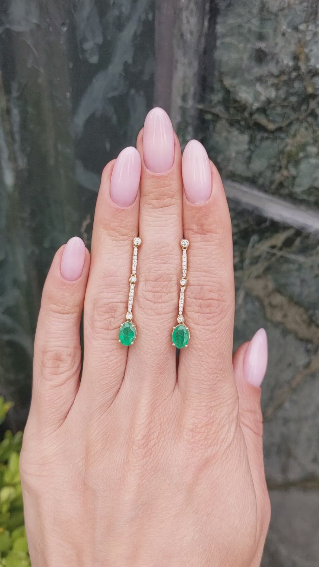 1.52 Ct.Tw.Total Carat Weight Emerald and Natural Diamond Pave Earrings, 14K Yellow Gold Size Video