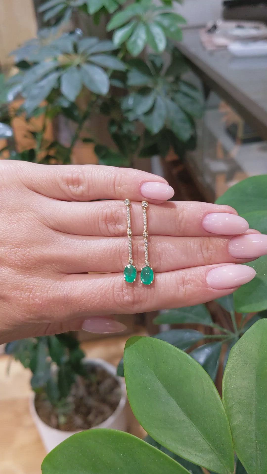 1.52 Ct.Tw.Total Carat Weight Emerald and Natural Diamond Pave Earrings, 14K Yellow Gold Size Video