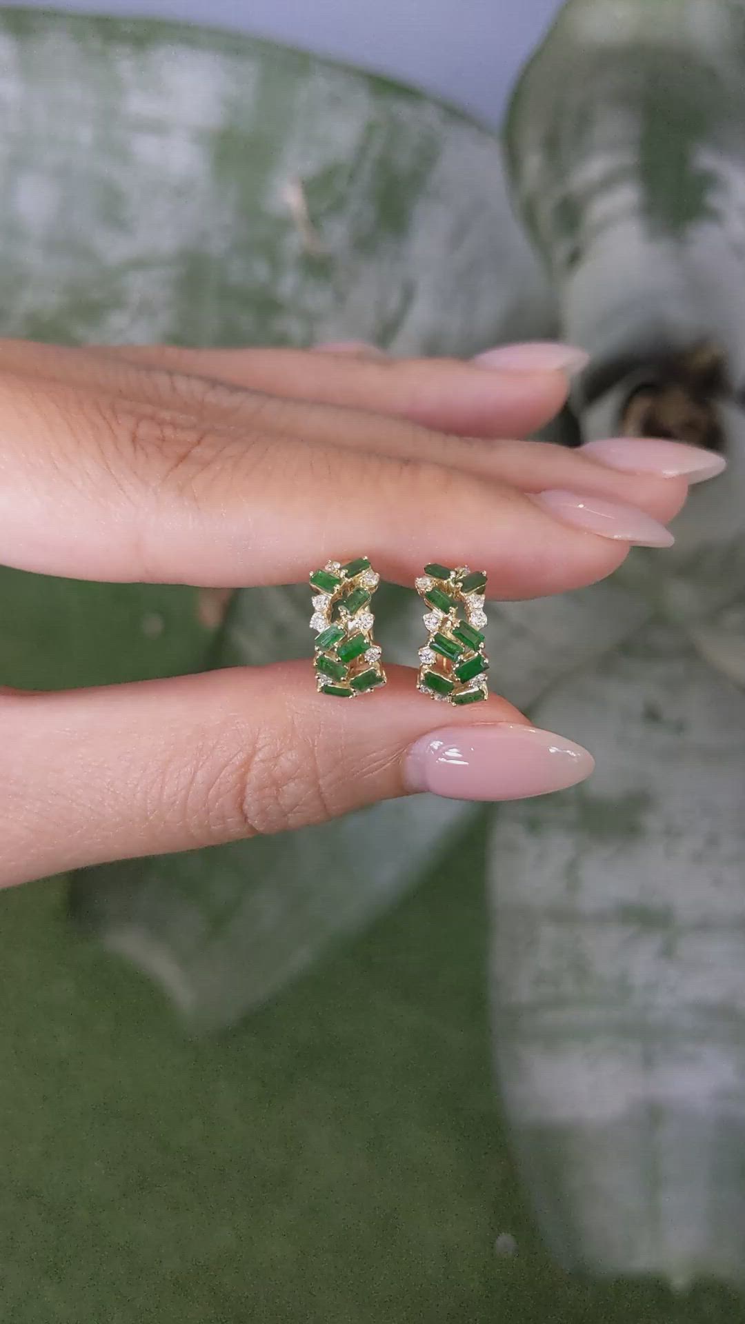 1.08 Ct.Tw.Total Carat Weight Emerald and Natural Diamond Hoops Earrings, 14K Yellow Gold Size Video
