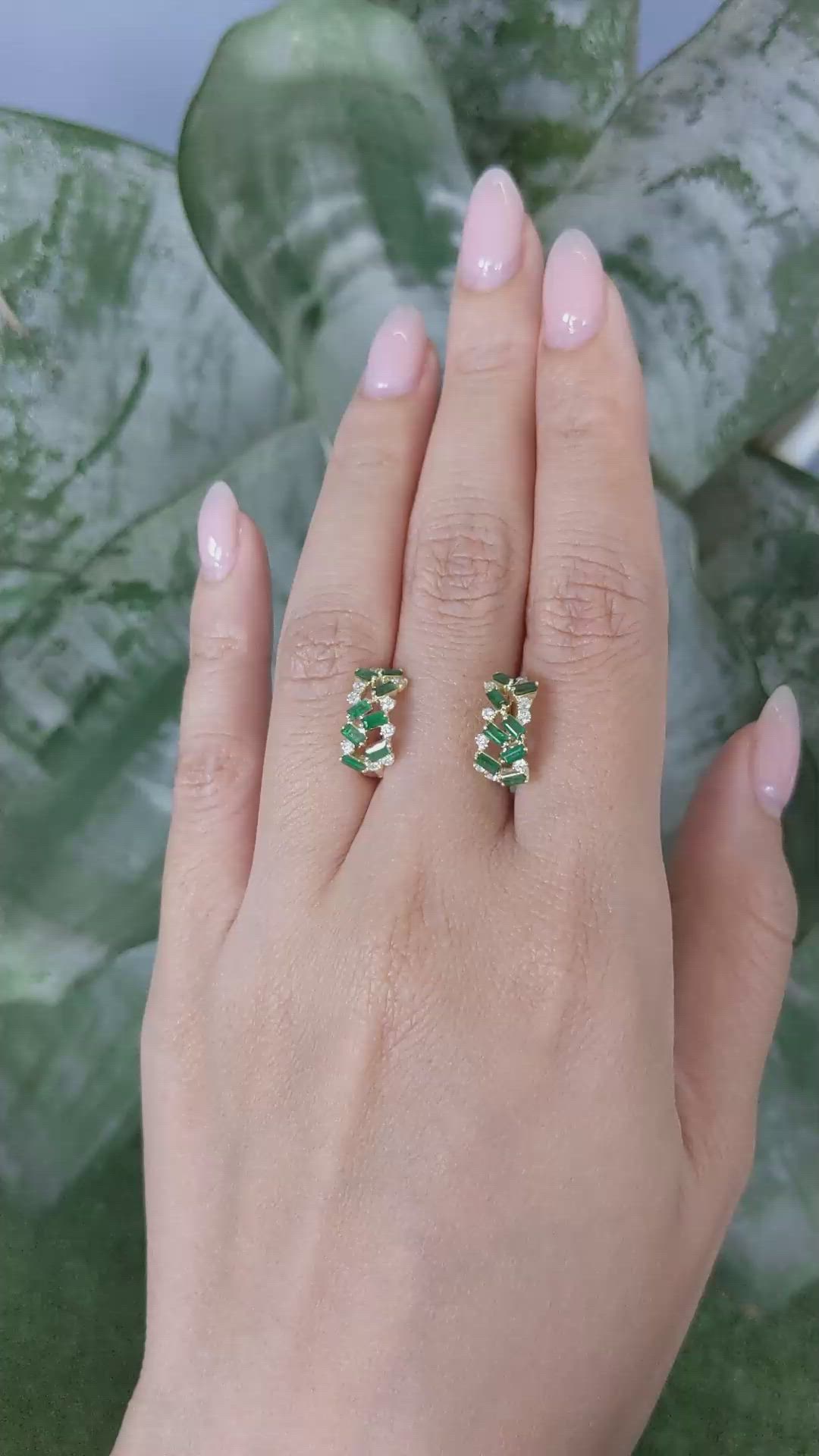 1.08 Ct.Tw.Total Carat Weight Emerald and Natural Diamond Hoops Earrings, 14K Yellow Gold Size Video