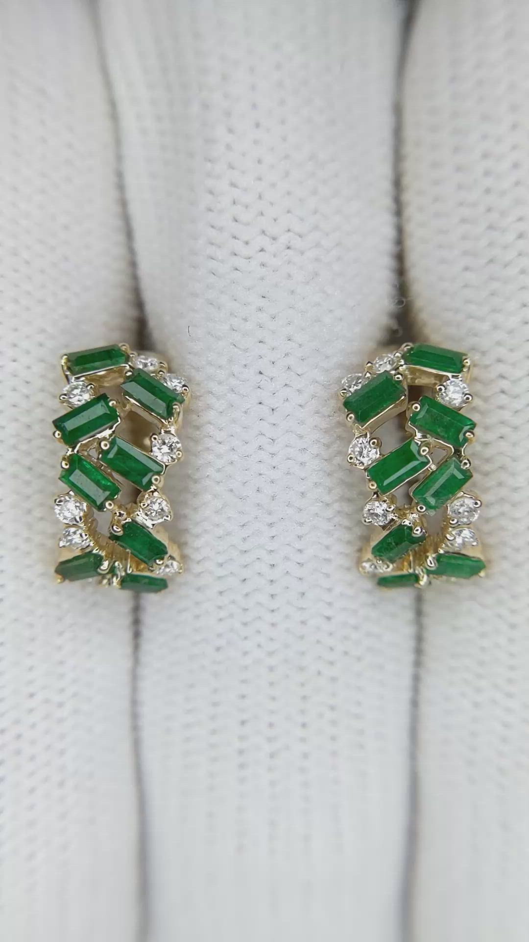 1.08 Ct.Tw.Total Carat Weight Emerald and Natural Diamond Hoops Earrings, 14K Yellow Gold Size Video