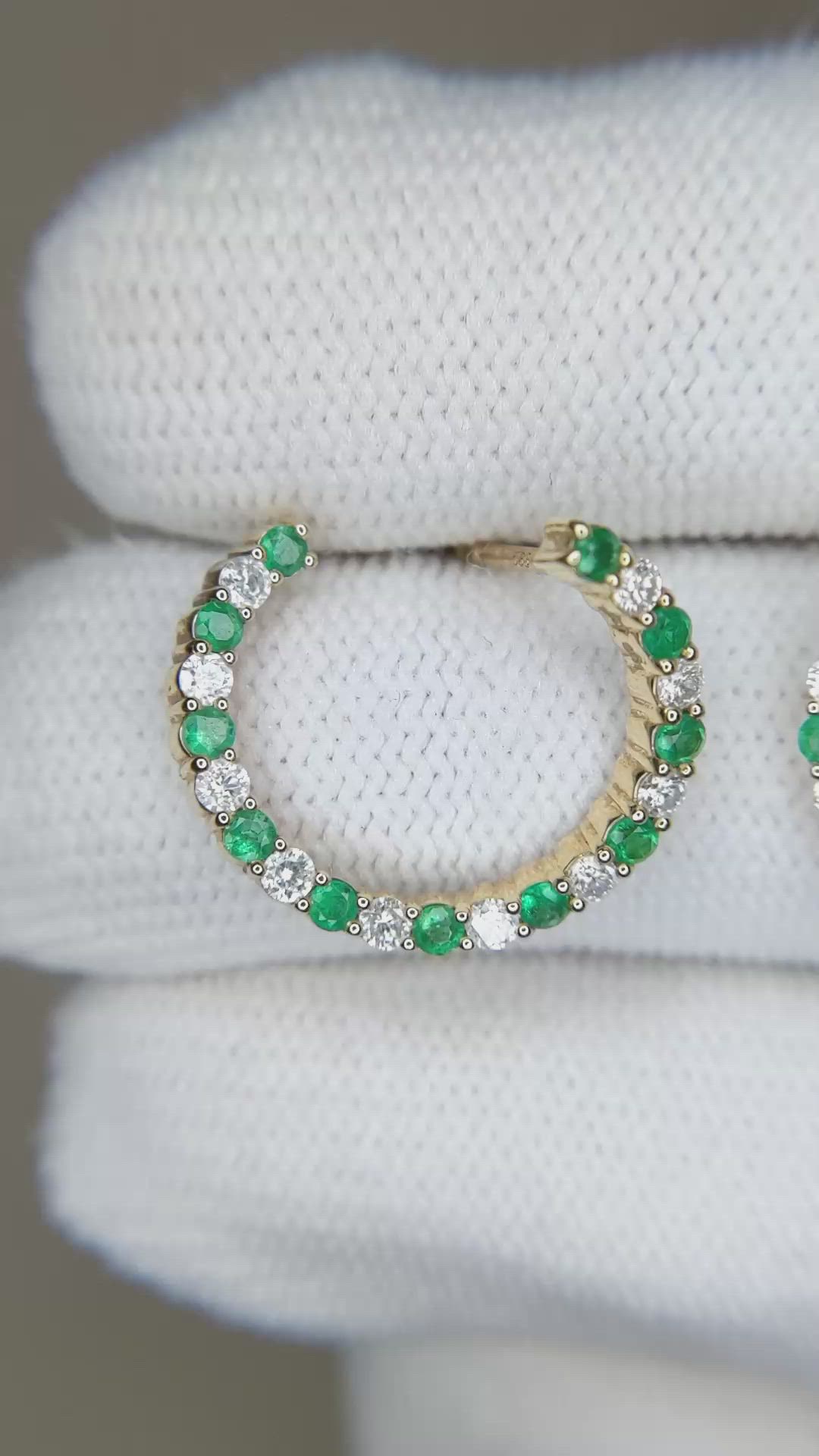 1.06 Ct.Tw.Total Carat Weight Emerald and Natural Diamond Pave Earrings, 14K Yellow Gold Size Video