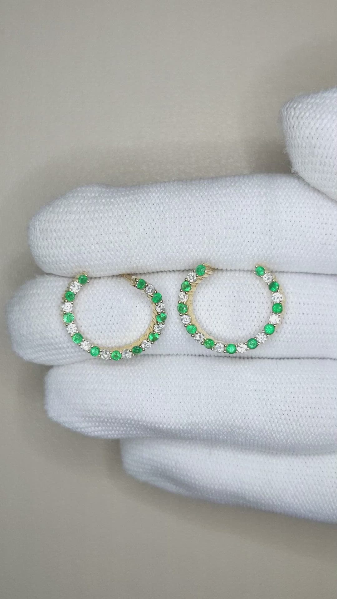 1.06 Ct.Tw.Total Carat Weight Emerald and Natural Diamond Pave Earrings, 14K Yellow Gold Size Video