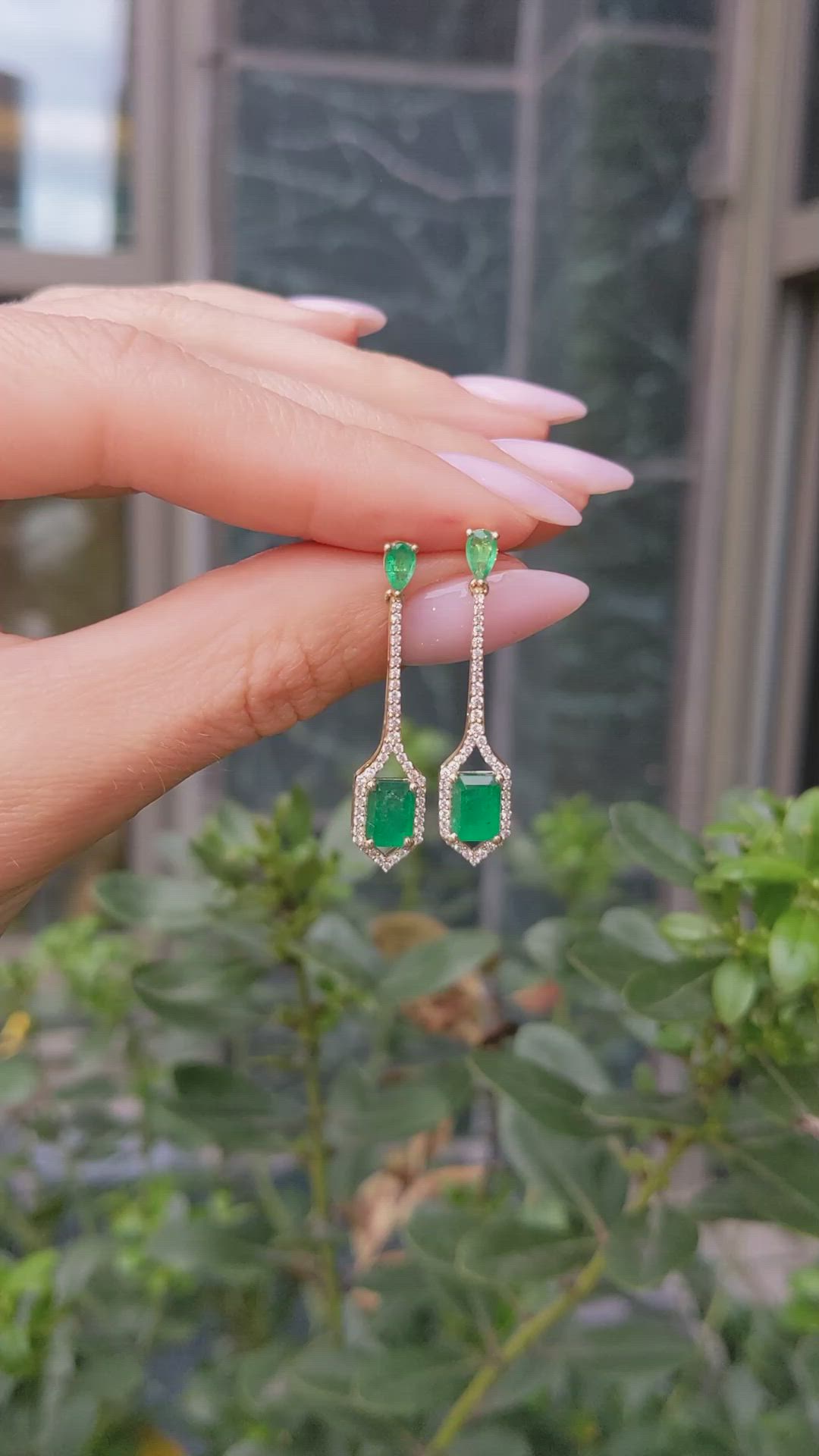 2.21&nbsp;Ct.Tw.Total Carat Weight Emerald and Natural Diamond Pave Earrings, 14K Yellow Gold Size Video