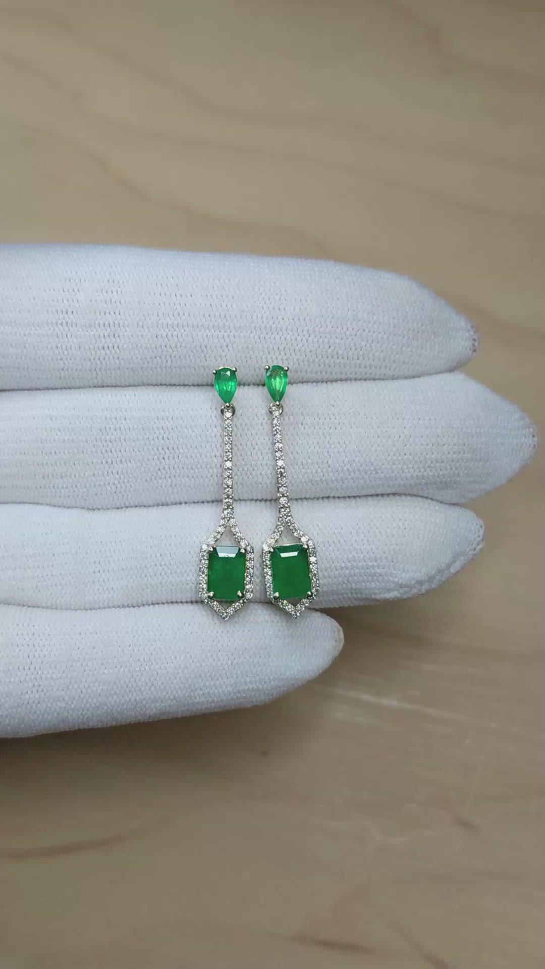 2.21 Ct.Tw.Total Carat Weight Emerald and Natural Diamond Pave Earrings, 14K Yellow Gold Size Video