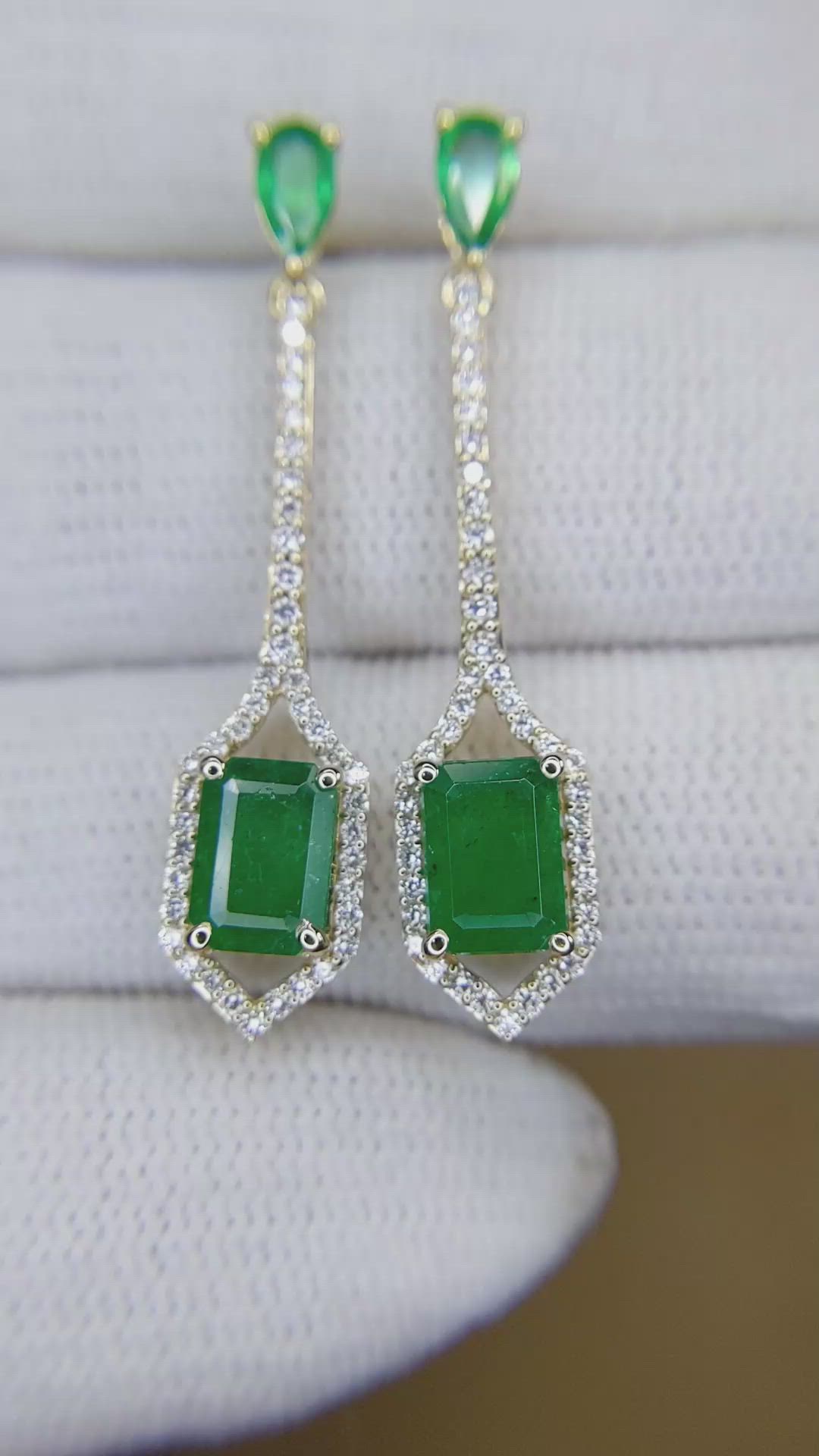 2.21 Ct.Tw.Total Carat Weight Emerald and Natural Diamond Pave Earrings, 14K Yellow Gold Size Video