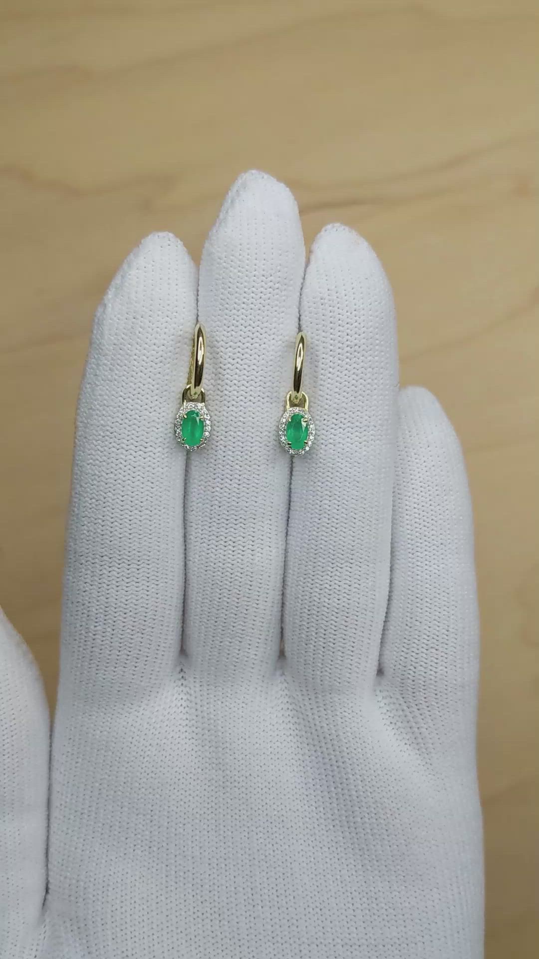 0.48 Ct.Tw.Total Carat Weight Emerald and Natural Diamond Halo Earrings, 14K Yellow Gold Size Video