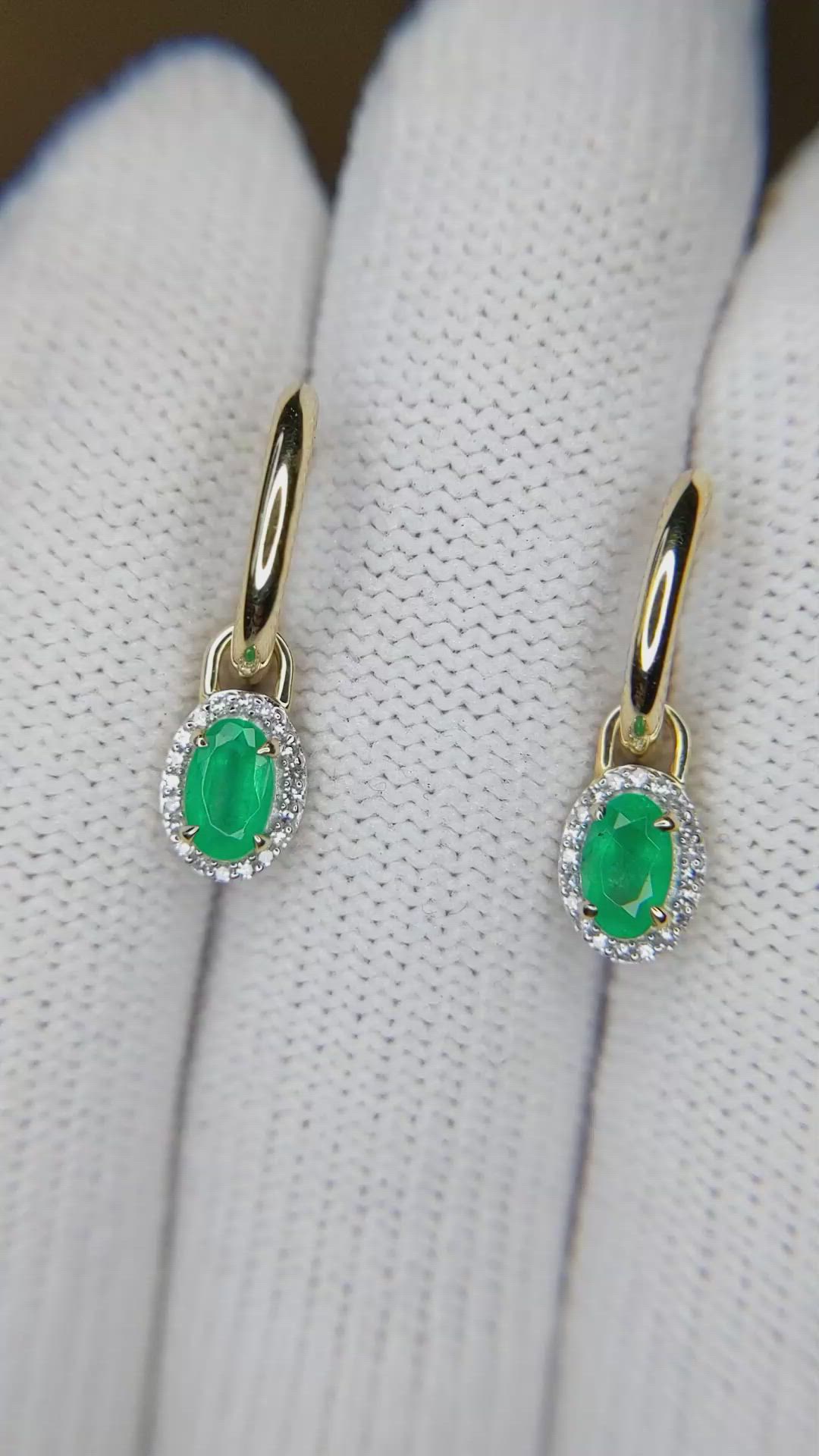 0.48 Ct.Tw.Total Carat Weight Emerald and Natural Diamond Halo Earrings, 14K Yellow Gold Size Video