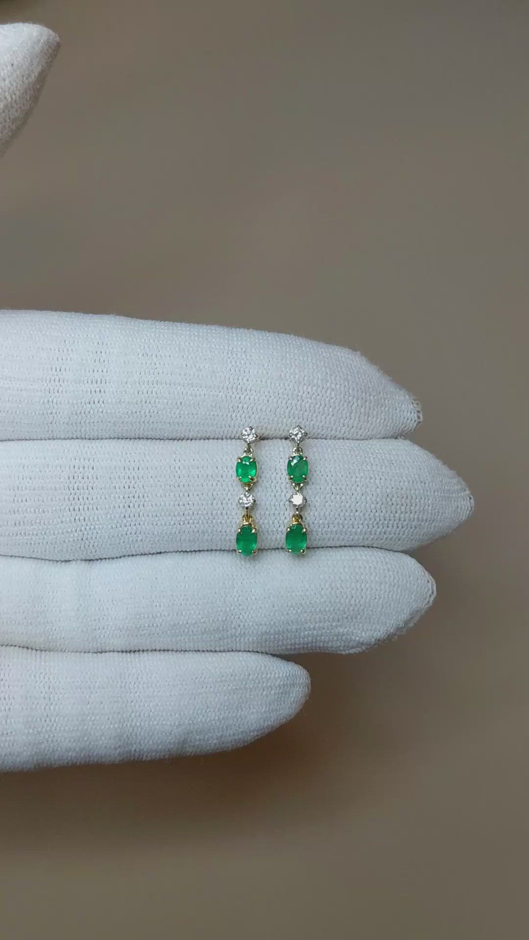 0.71 Ct.Tw.Total Carat Weight Emerald and Natural Diamond Drops Earrings, 14K Yellow Gold Size Video