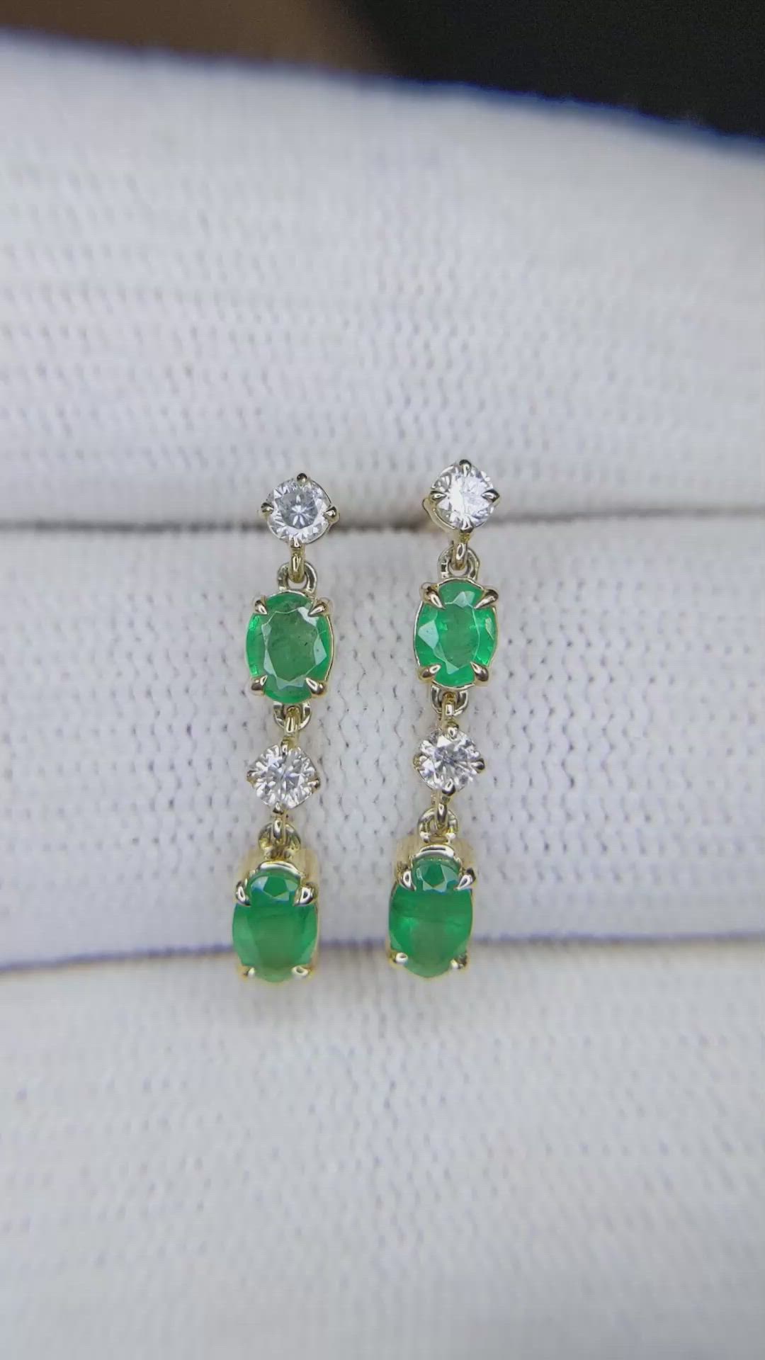 0.71 Ct.Tw.Total Carat Weight Emerald and Natural Diamond Drops Earrings, 14K Yellow Gold Size Video