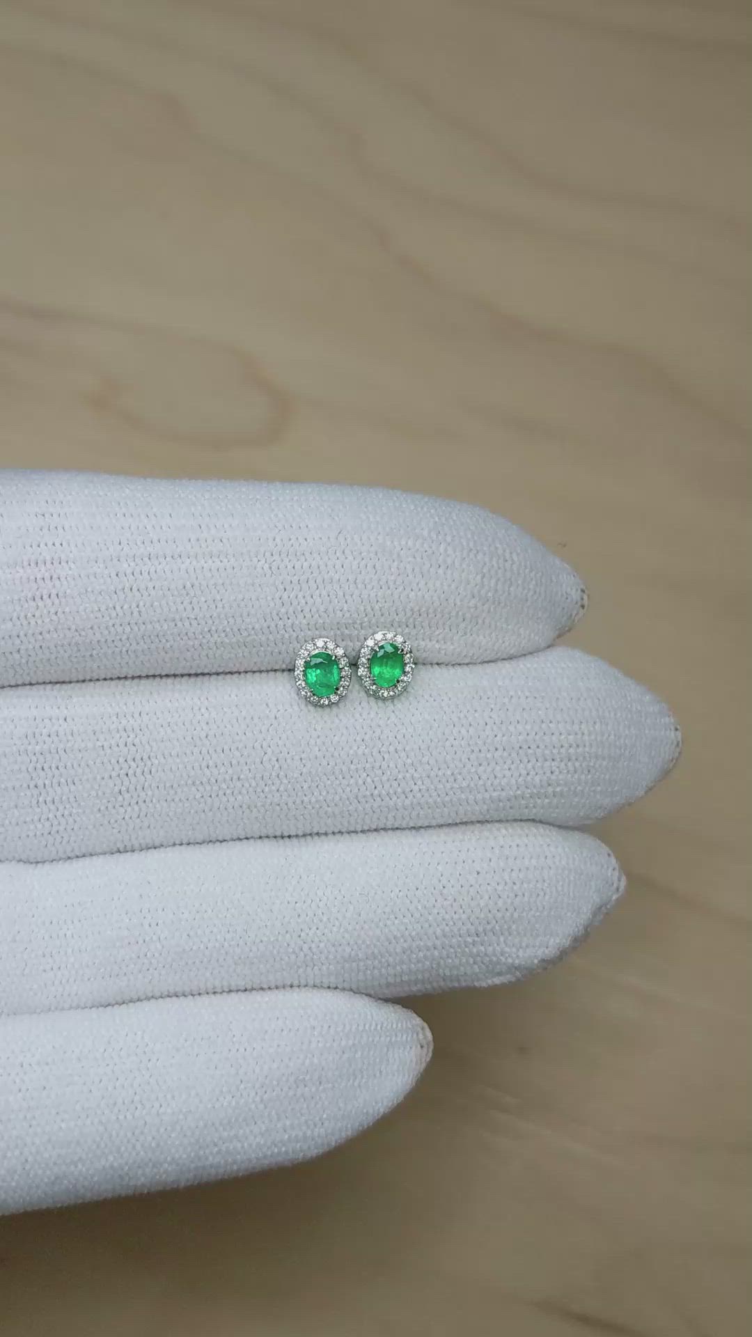0.33&nbsp;Ct.Tw.Total Carat Weight Emerald and Natural Diamond Studs Earrings, 14K White Gold Size Video