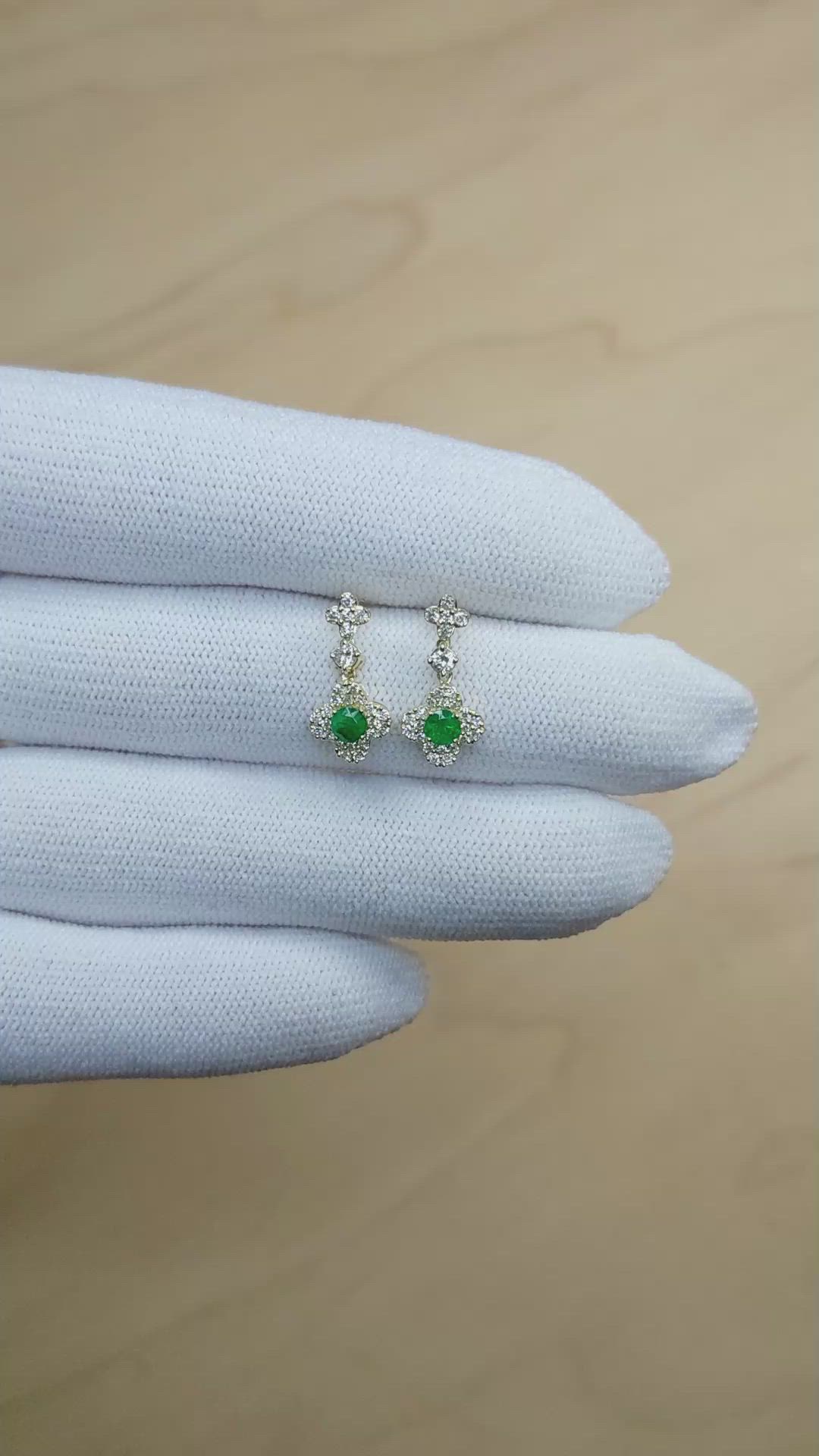0.28&nbsp;Ct.Tw.Total Carat Weight Emerald and Natural Diamond Pave Earrings, 14K Yellow Gold Size Video