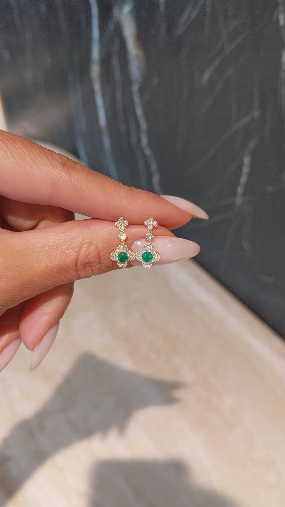 0.28&nbsp;Ct.Tw.Total Carat Weight Emerald and Natural Diamond Pave Earrings, 14K Yellow Gold Size Video