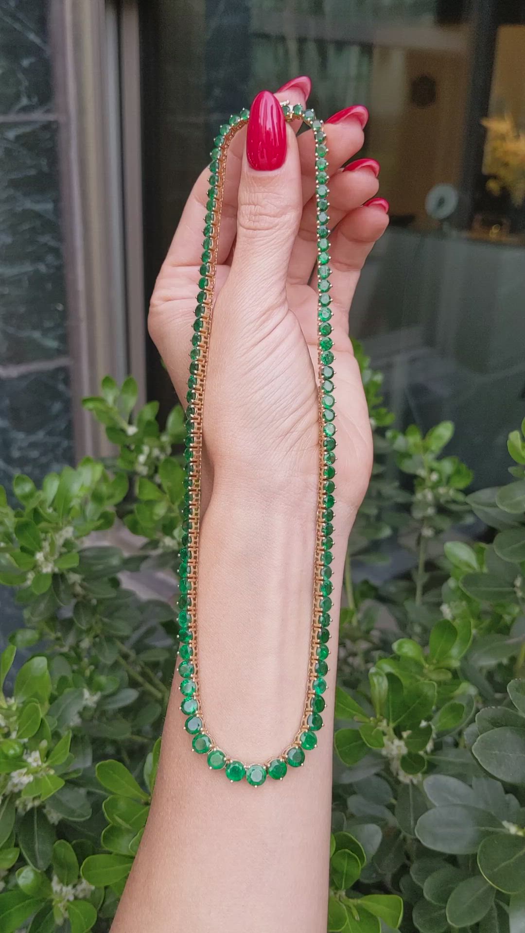 25.96 Ct. Emerald Accent Stones Necklace, 18K Yellow Gold Size Video