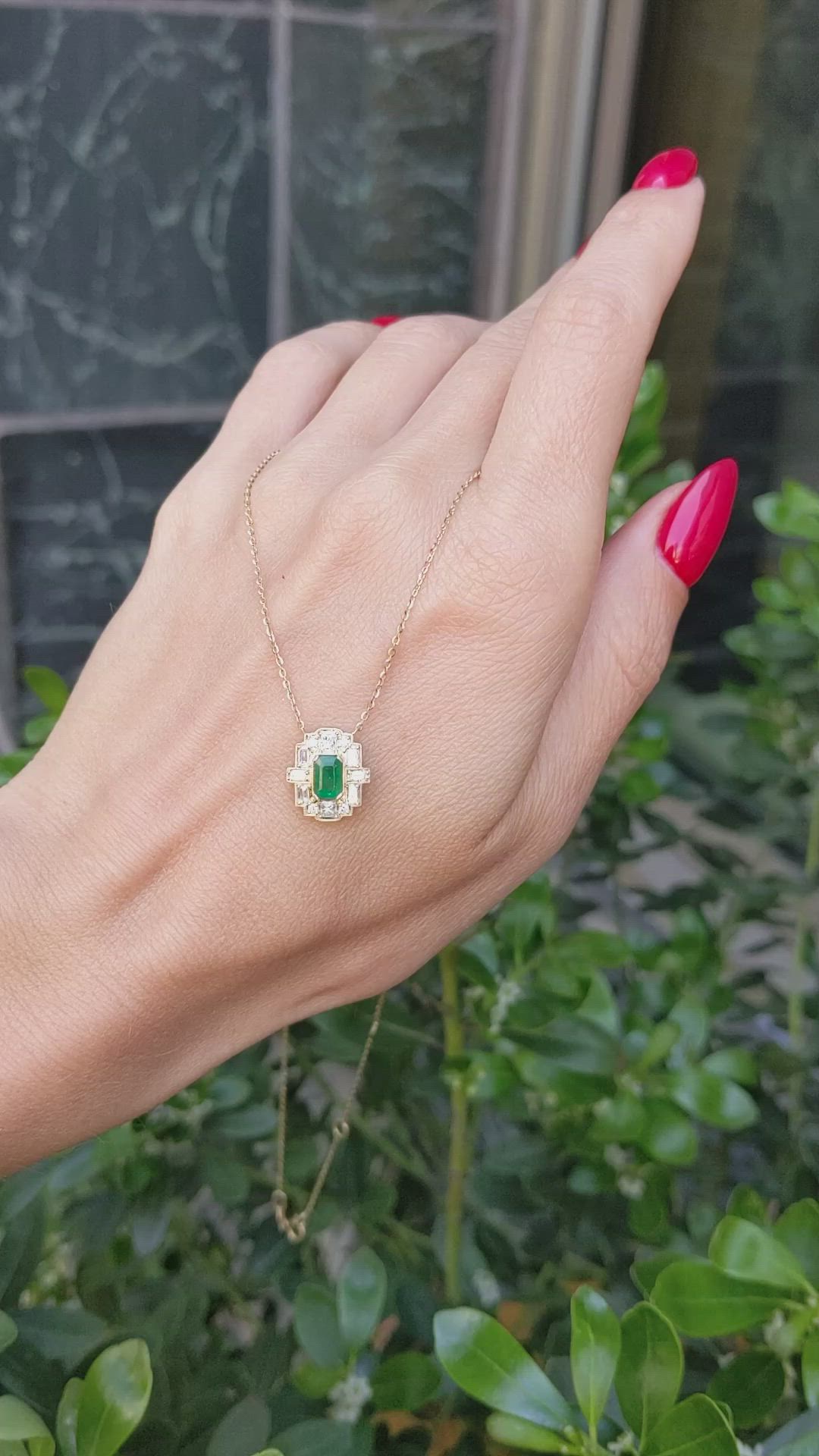 0.59 Ct. Emerald and Natural Diamond Antique Style Necklace, 14K Yellow Gold Size Video