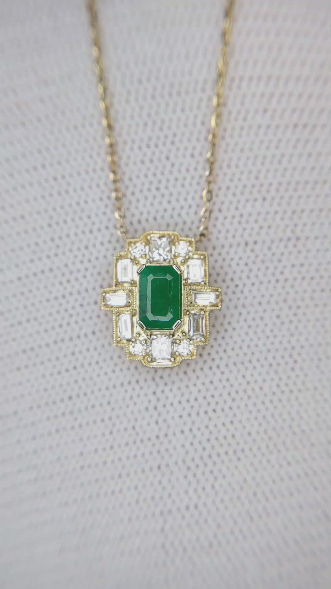 0.59 Ct. Emerald and Natural Diamond Antique Style Necklace, 14K Yellow Gold Size Video