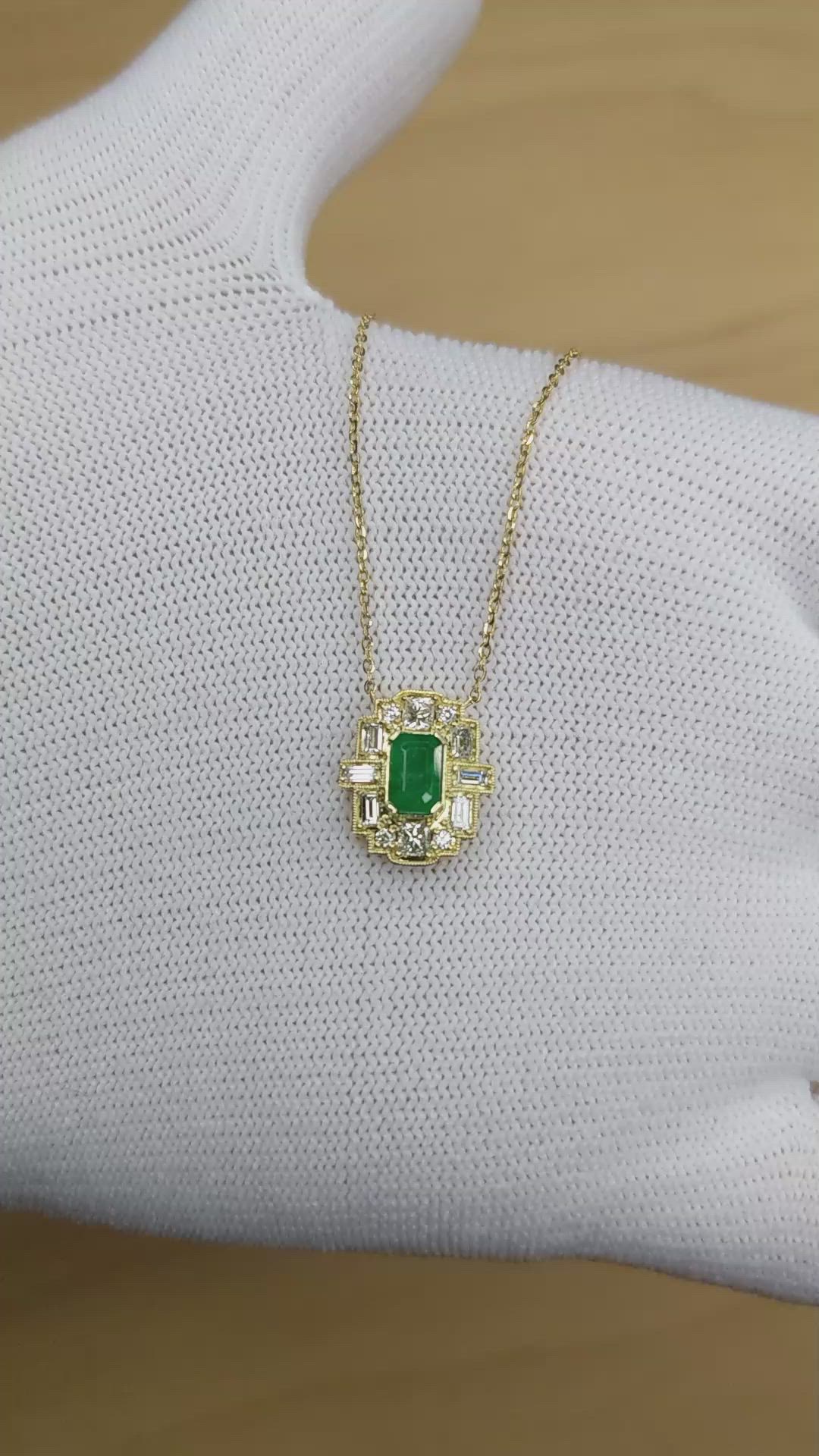 0.59 Ct. Emerald and Natural Diamond Antique Style Necklace, 14K Yellow Gold Size Video