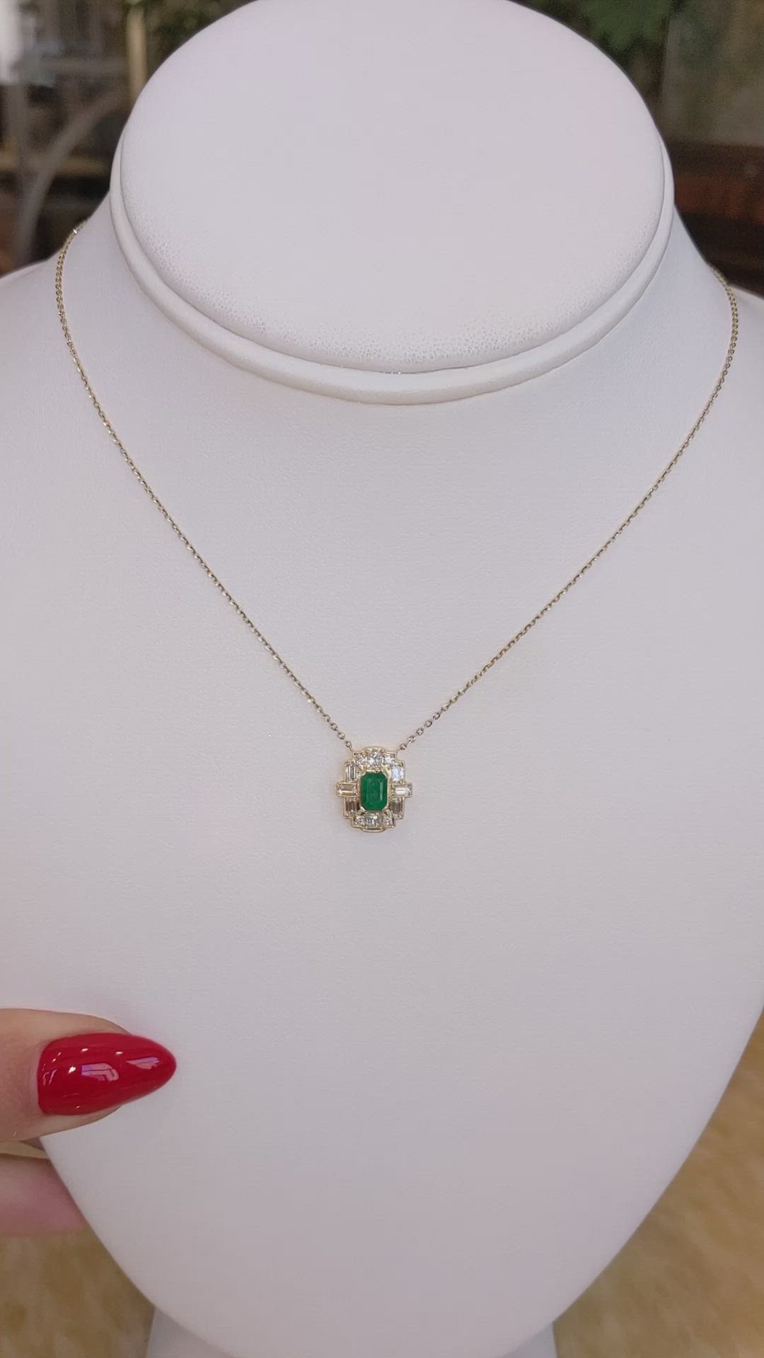 0.59 Ct. Emerald and Natural Diamond Antique Style Necklace, 14K Yellow Gold Size Video