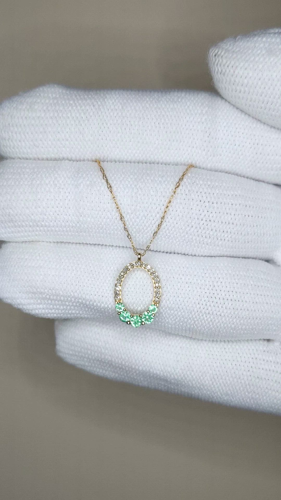 0.19 Ct. Emerald and Natural Diamond Accent Stones Necklace, 14K Yellow Gold Size Video